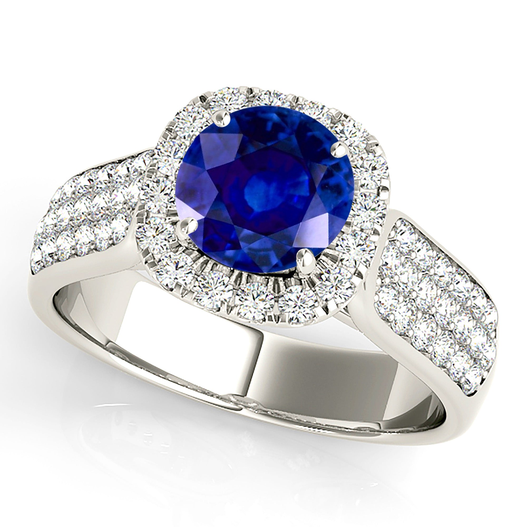 1.35 ct. Genuine Blue Round Sapphire Ring With 0.75 ctw. Diamond Cushion Halo, Triple Row Diamond Band | Natural Sapphire And Diamond Ring-in 14K/18K White, Yellow, Rose Gold and Platinum - Christmas Jewelry Gift -VIRABYANI