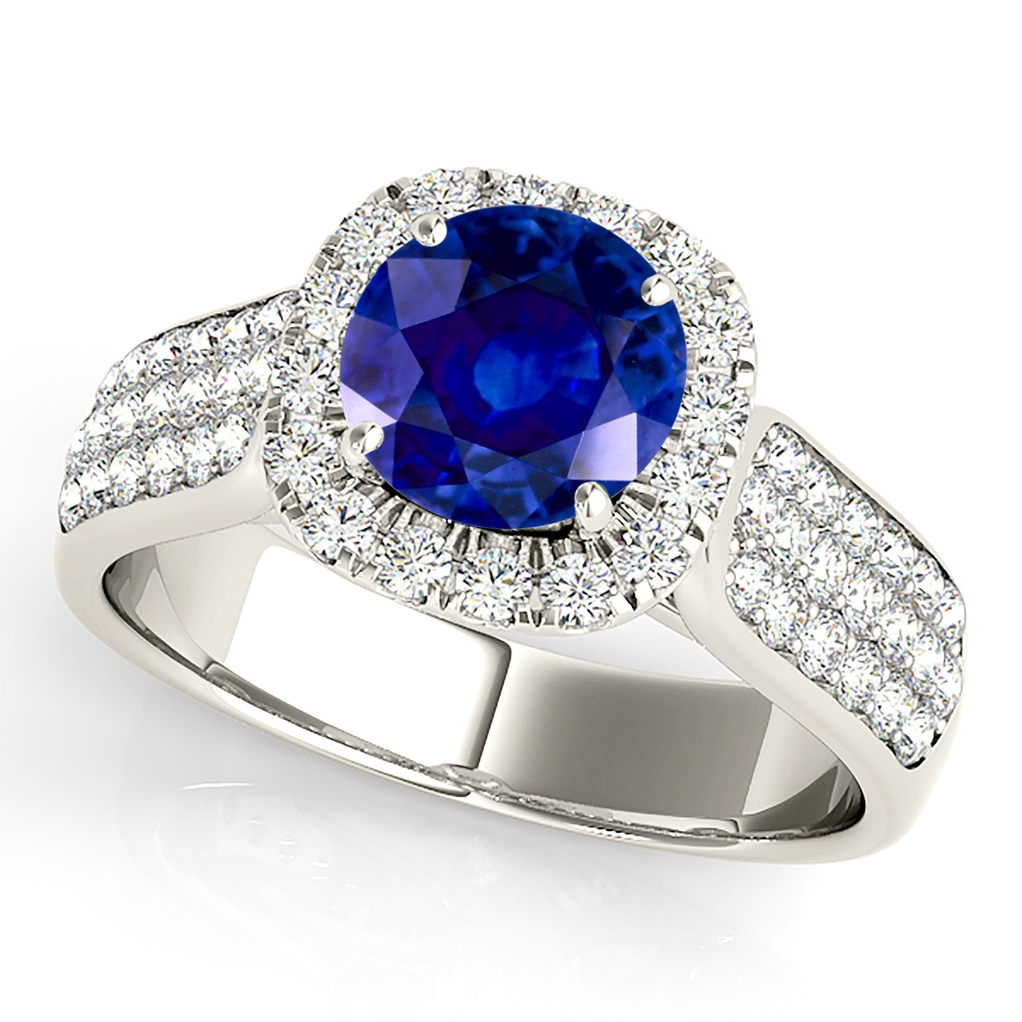 1.35 ct. Genuine Blue Round Sapphire Ring With 0.75 ctw. Diamond Cushion Halo, Triple Row Diamond Band | Natural Sapphire And Diamond Ring-VIRABYANI