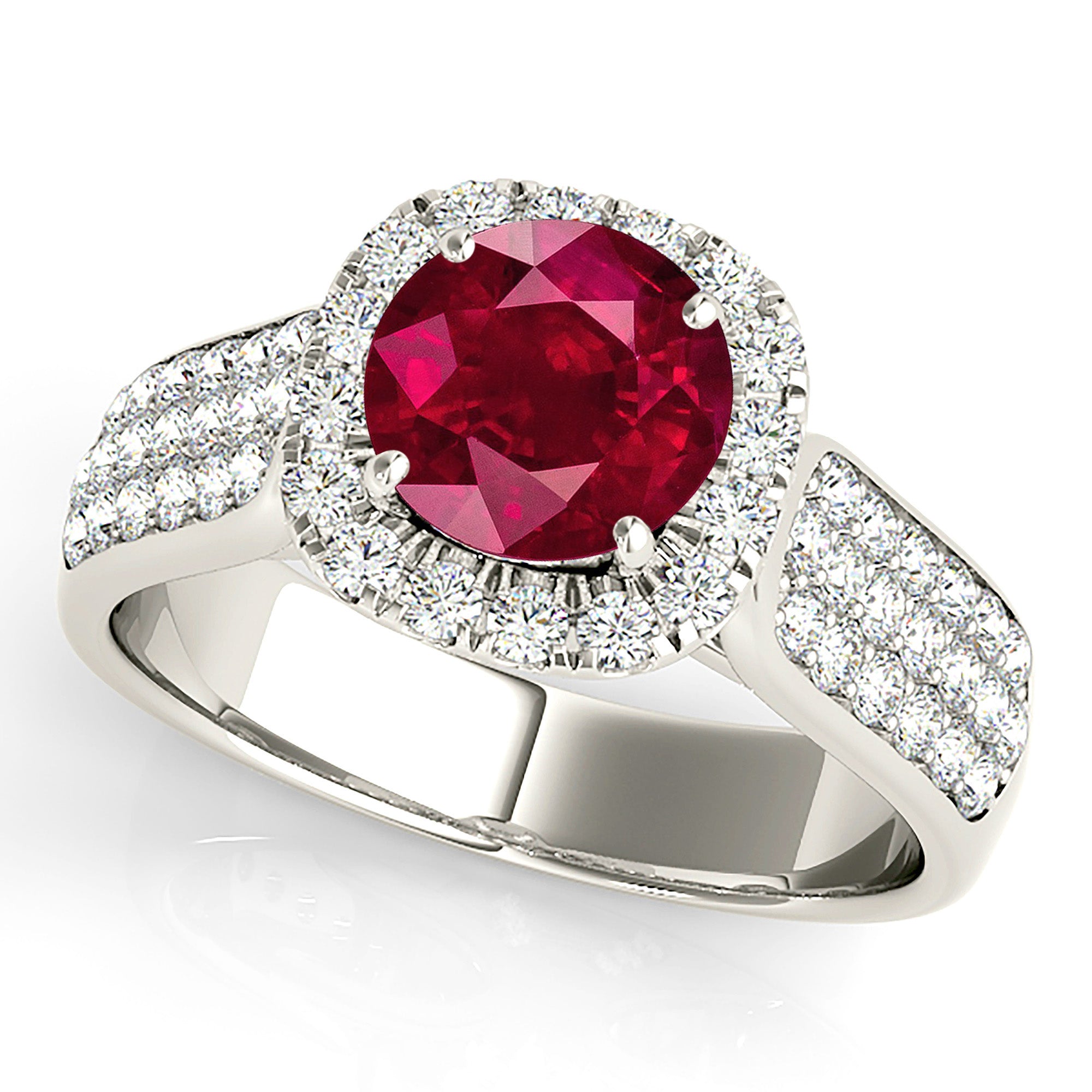 1.35 ct. Genuine Ruby Ring With 0.75 ctw. Diamond Halo And Triple Row Diamond Band-VIRABYANI