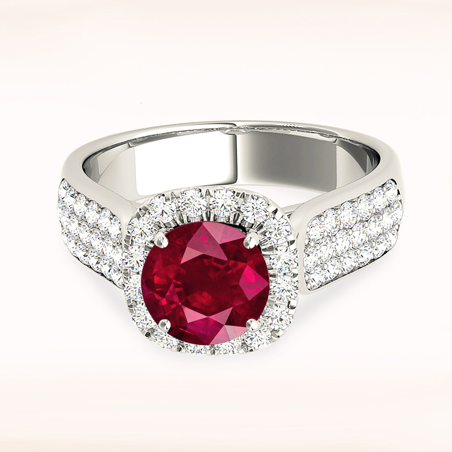 1.35 ct. Genuine Ruby Ring With 0.75 ctw. Diamond Halo And Triple Row Diamond Band-in 14K/18K White, Yellow, Rose Gold and Platinum - Christmas Jewelry Gift -VIRABYANI