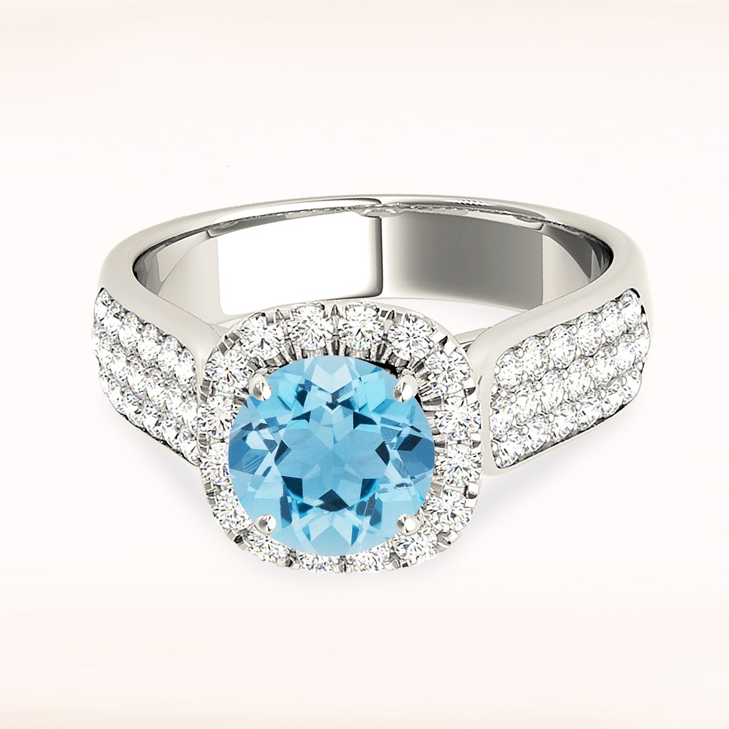 1.10 ct. Genuine Aquamarine Ring With 0.75 ctw. Diamond Cushion Halo And Triple Row Diamond Band | Round Blue Aquamarine Halo Ring-VIRABYANI