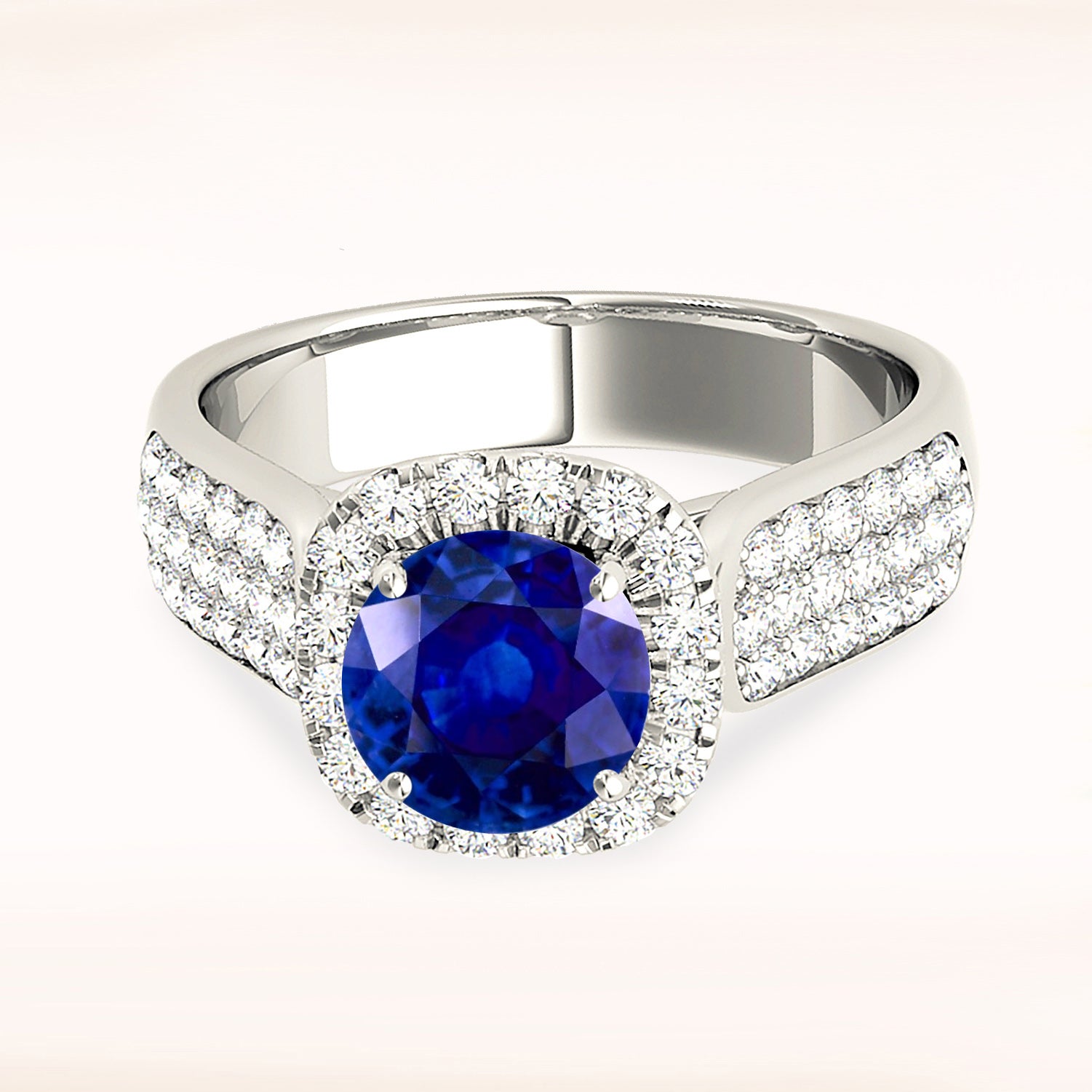 1.35 ct. Genuine Blue Round Sapphire Ring With 0.75 ctw. Diamond Cushion Halo, Triple Row Diamond Band | Natural Sapphire And Diamond Ring-VIRABYANI