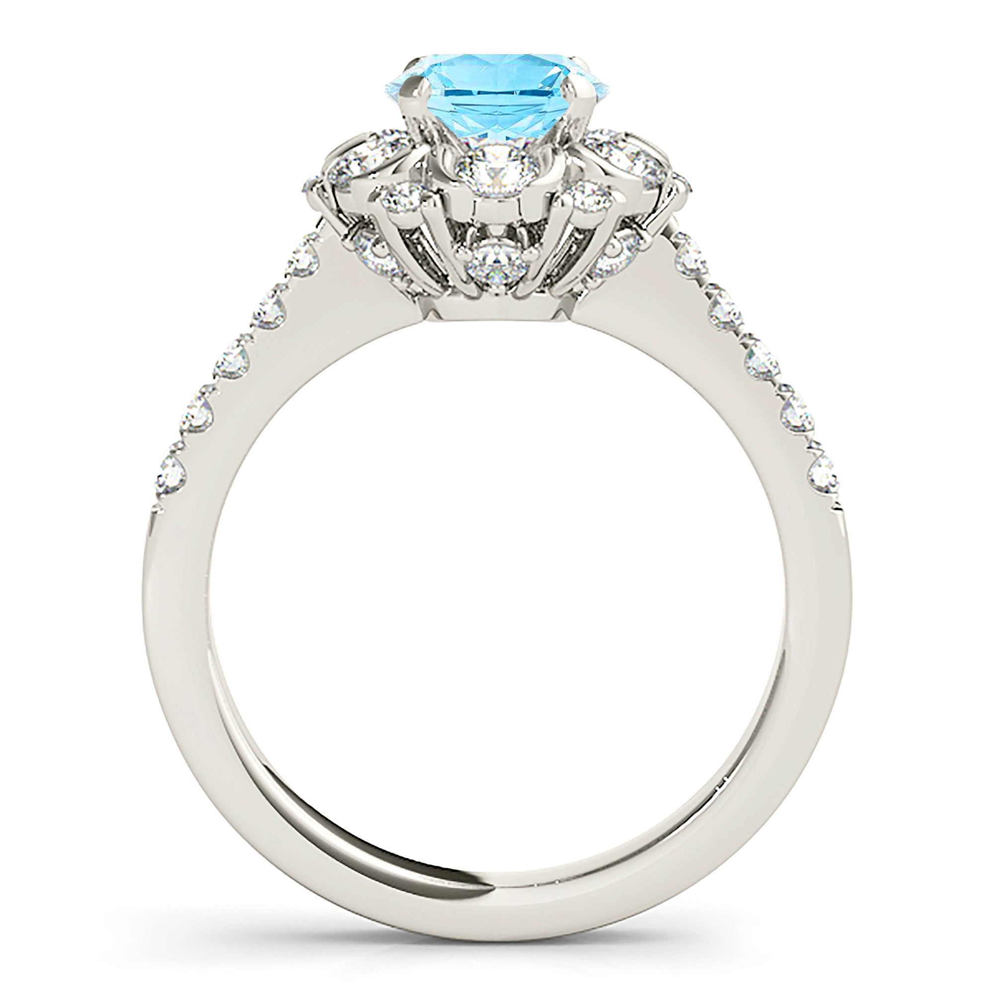 1.10 ct. Genuine Aquamarine Ring With 0.90 ctw. Diamond Floral Halo, Delicate Diamond Band, Fancy Diamond Basket| Blue Aquamarine Halo Ring-VIRABYANI