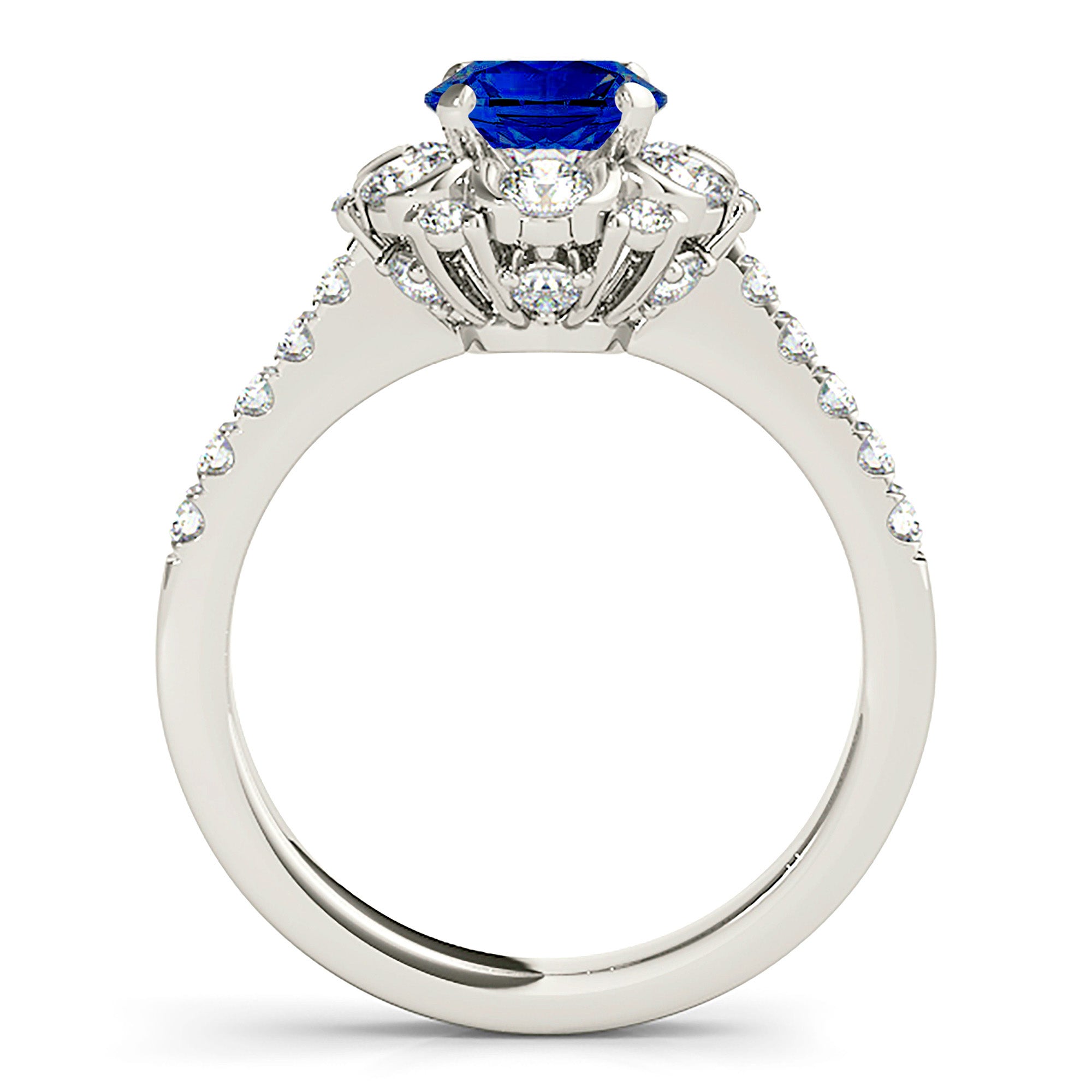 1.35 ct. Genuine Blue Sapphire Ring With 0.90 ctw. Diamond Floral Halo, Delicate Diamond Band | Natural Sapphire And Diamond Gemstone Ring-VIRABYANI