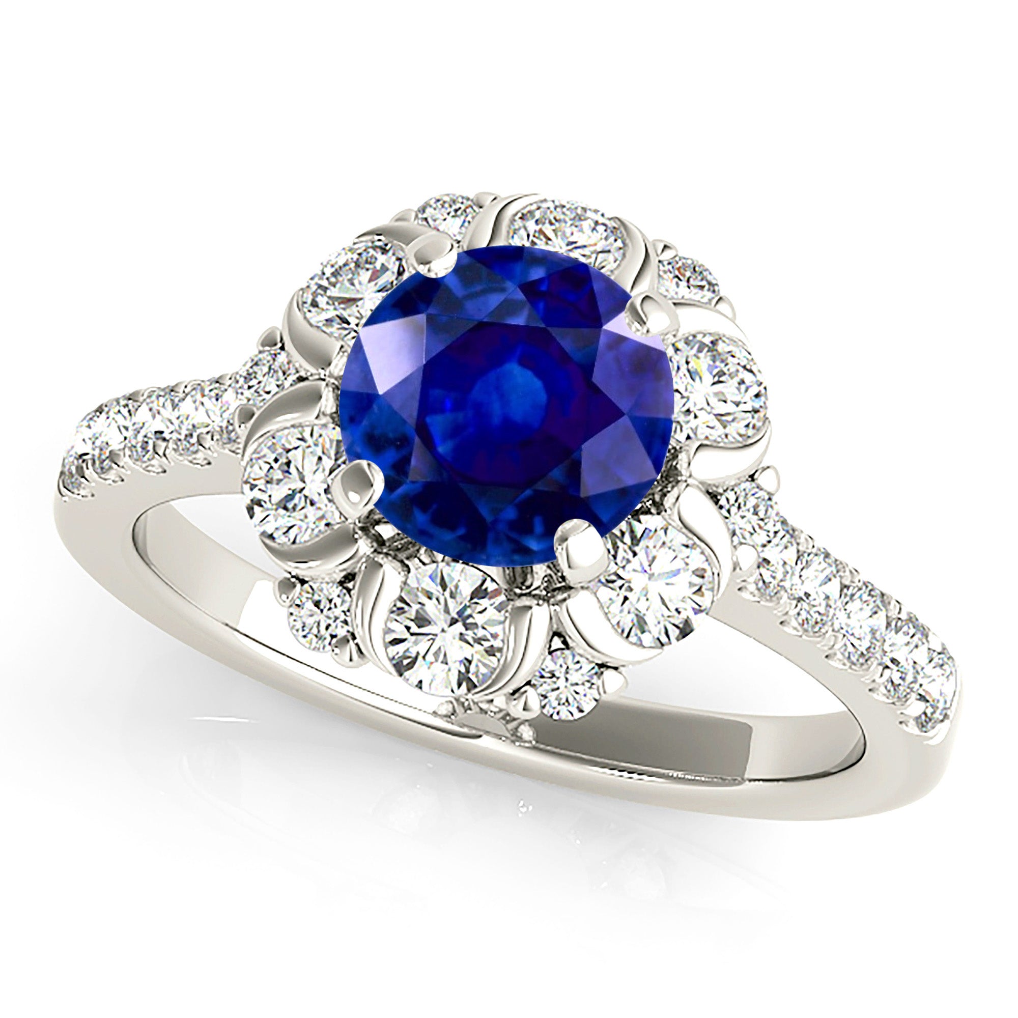 1.35 ct. Genuine Blue Sapphire Ring With 0.90 ctw. Diamond Floral Halo, Delicate Diamond Band | Natural Sapphire And Diamond Gemstone Ring-VIRABYANI