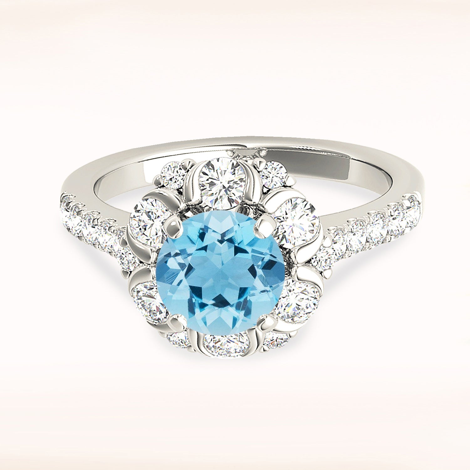 1.10 ct. Genuine Aquamarine Ring With 0.90 ctw. Diamond Floral Halo, Delicate Diamond Band, Fancy Diamond Basket| Blue Aquamarine Halo Ring-VIRABYANI