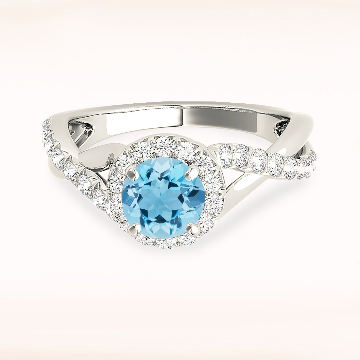 1.00 ct. Genuine Aquamarine Ring With 0.35 ctw. Diamond Halo, Solid Gold And Diamond Twist Band | Round Blue Aquamarine Halo Ring-VIRABYANI