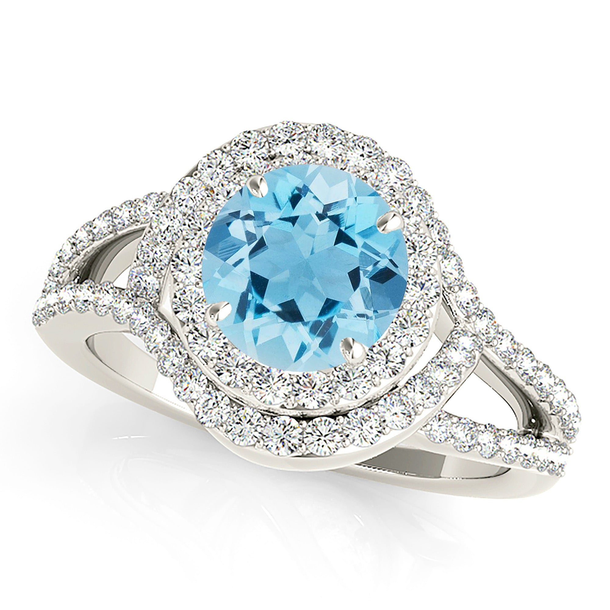 1.75 ct. Genuine Aquamarine Ring With 0.80 ctw. Diamond Wraparound Halo And Split Shank| Round Blue Aquamarine Halo Ring-VIRABYANI