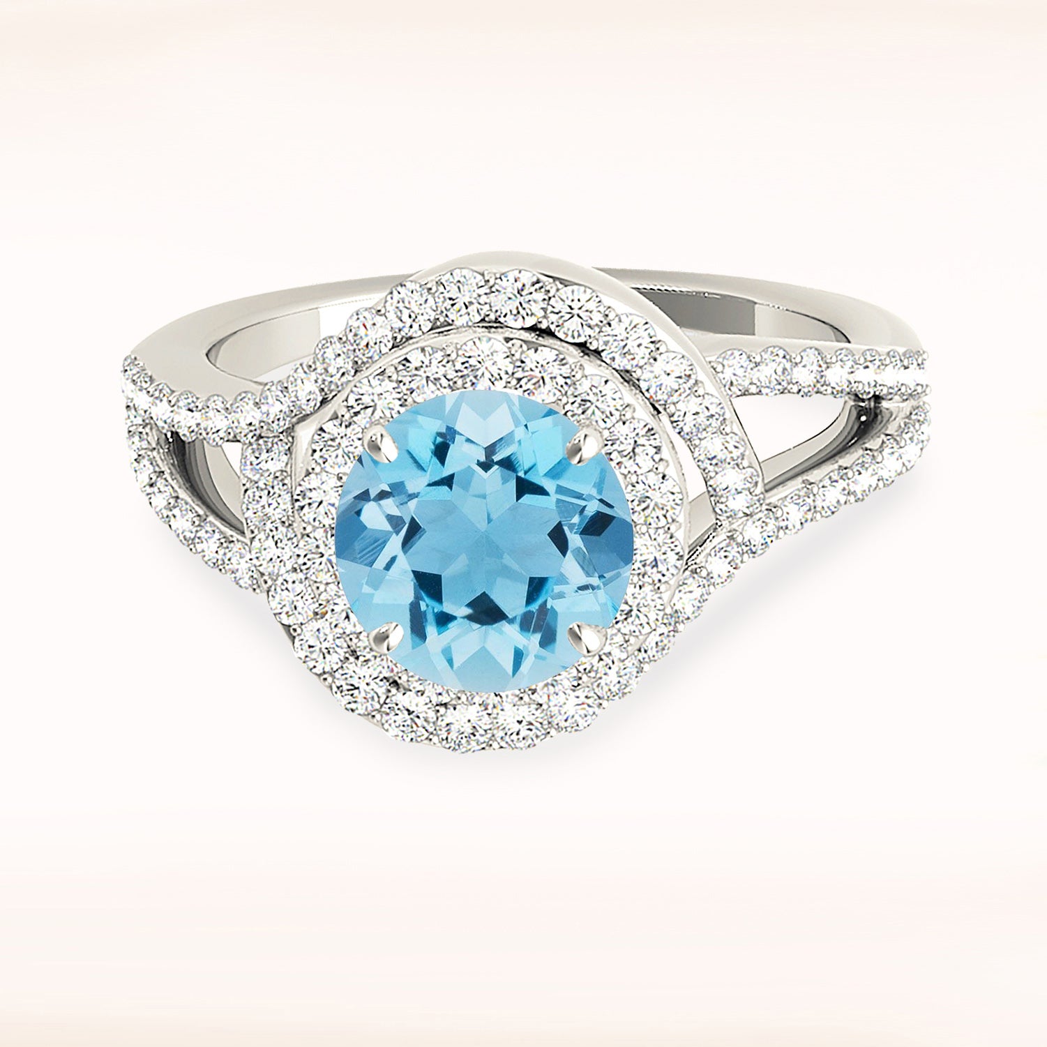 1.75 ct. Genuine Aquamarine Ring With 0.80 ctw. Diamond Wraparound Halo And Split Shank| Round Blue Aquamarine Halo Ring-VIRABYANI