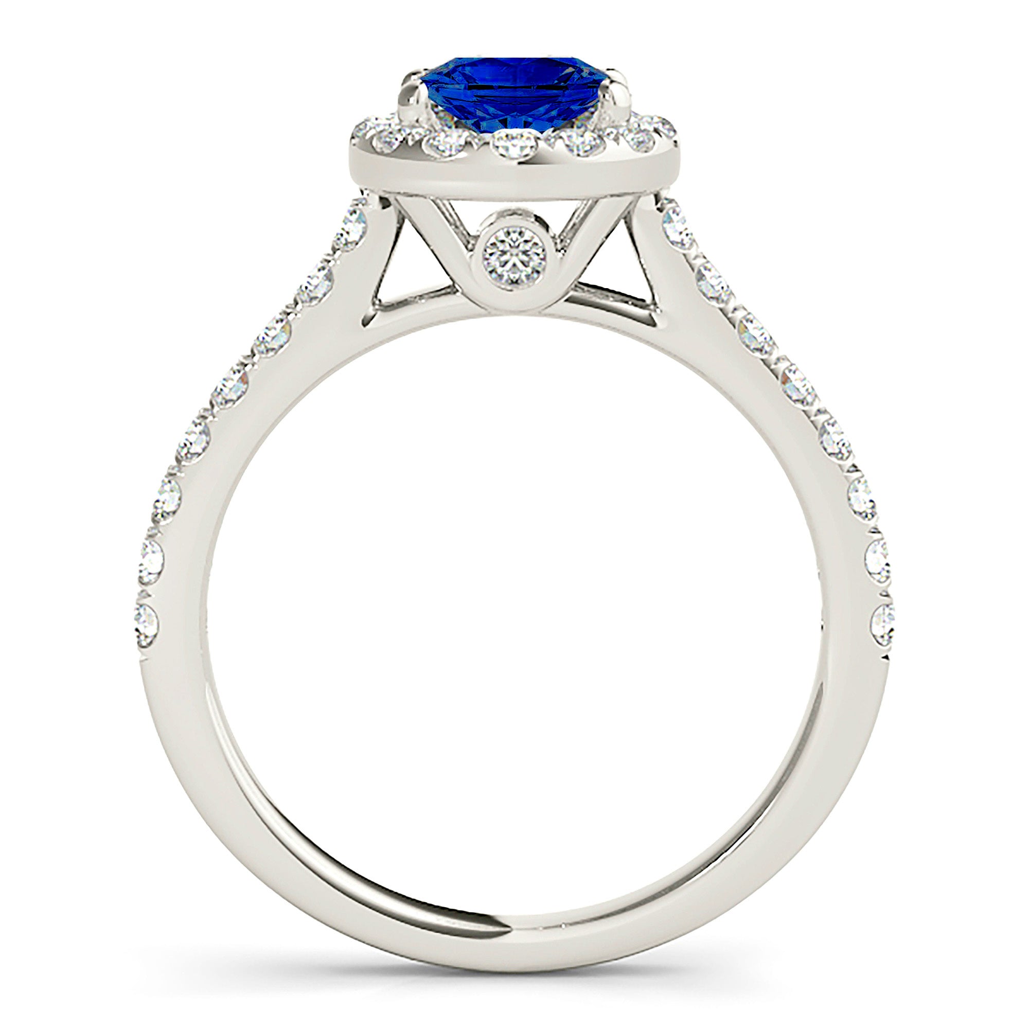 1.35 ct. Genuine Blue Sapphire Halo Ring With 0.35 ctw. Side Diamonds-VIRABYANI
