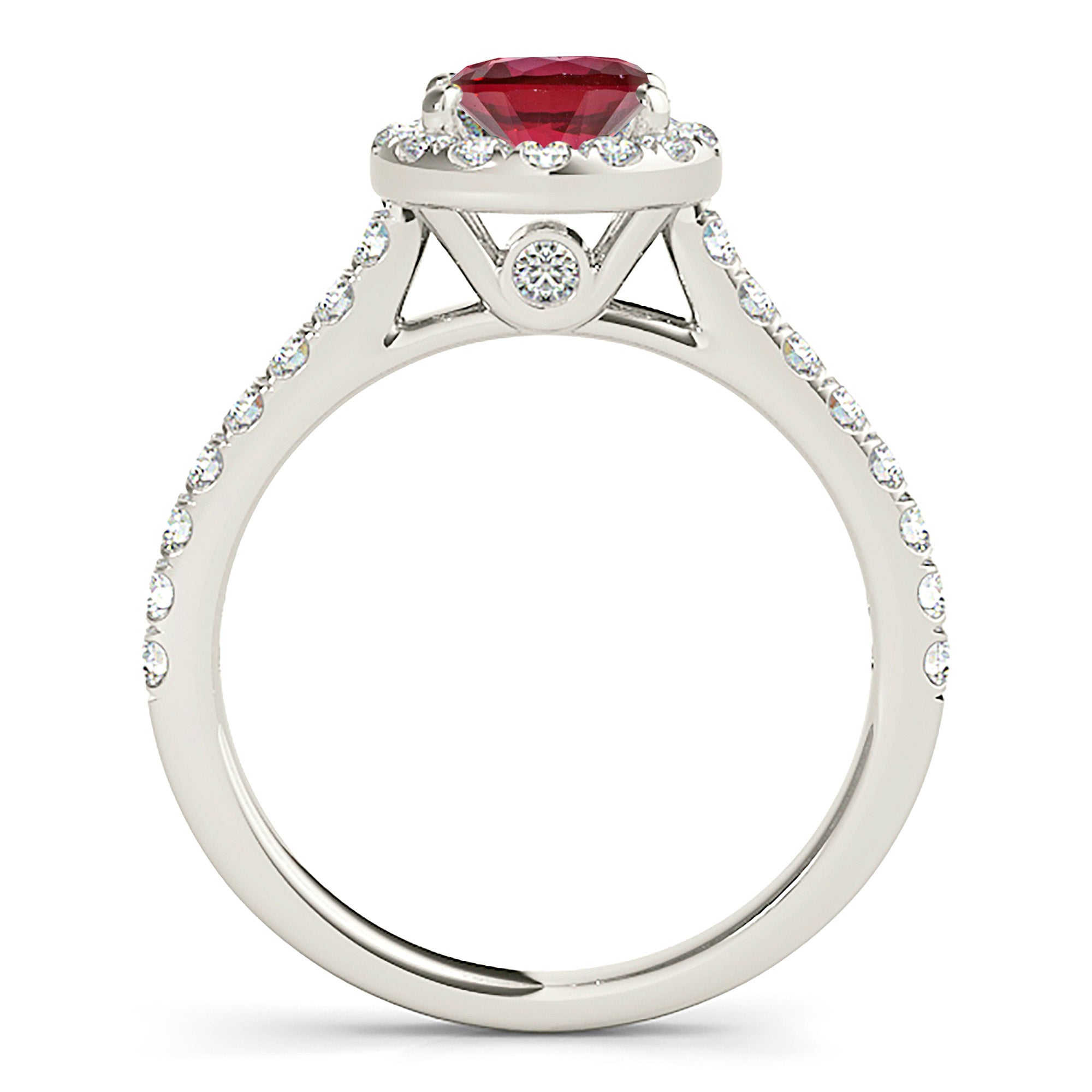 1.35 ct. Genuine Ruby Ring With 0.35 ctw. Diamond Halo , Delicate Diamond Band, Accent Diamond On Basket | Round Ruby Halo Ring | Ruby Ring-in 14K/18K White, Yellow, Rose Gold and Platinum - Christmas Jewelry Gift -VIRABYANI