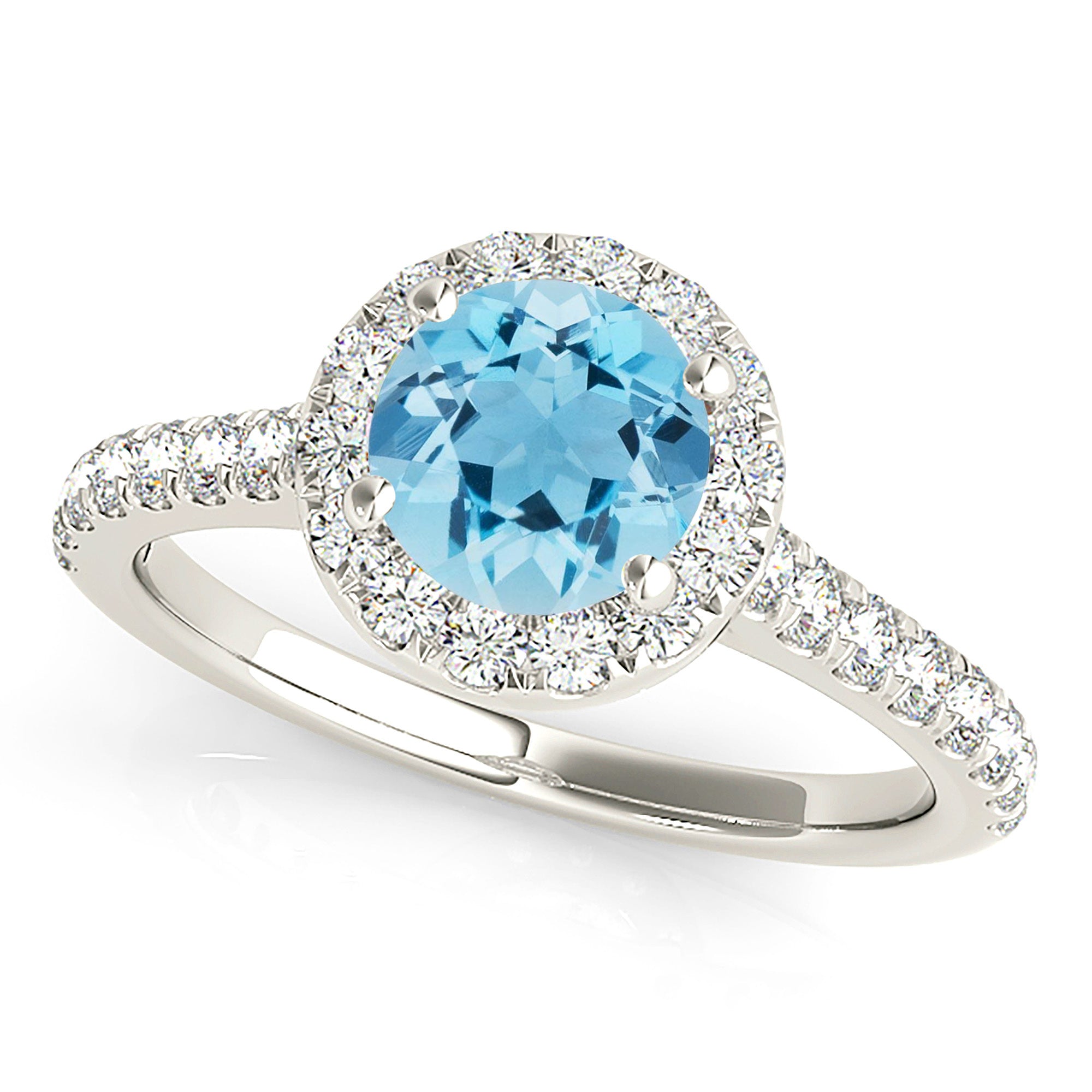 1.10 ct. Genuine Aquamarine Ring With 0.35 ctw. Diamond Halo and Delicate Diamond Band, Hidden Accent Diamond , Blue Aquamarine Halo Ring-VIRABYANI