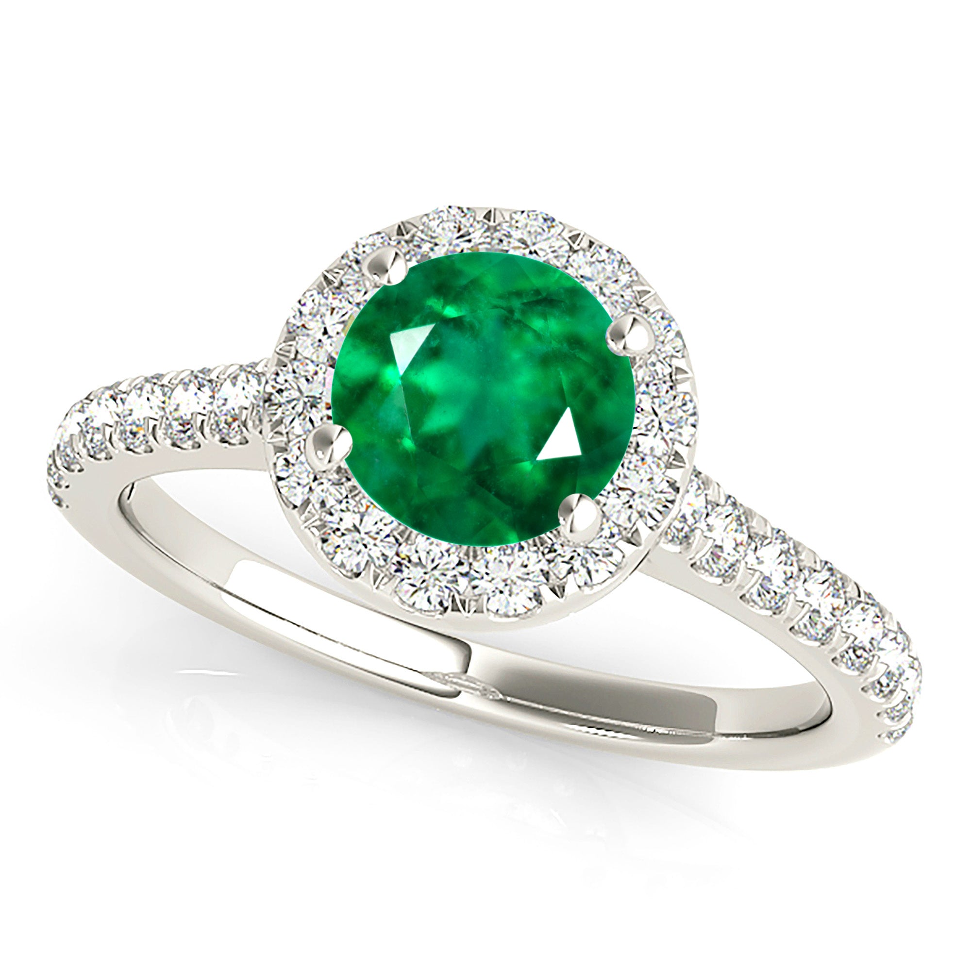 1.14 ct. Genuine Emerald Ring with 0.35 ctw. Diamond Halo And Thin Band,Side Accent Diamonds-VIRABYANI