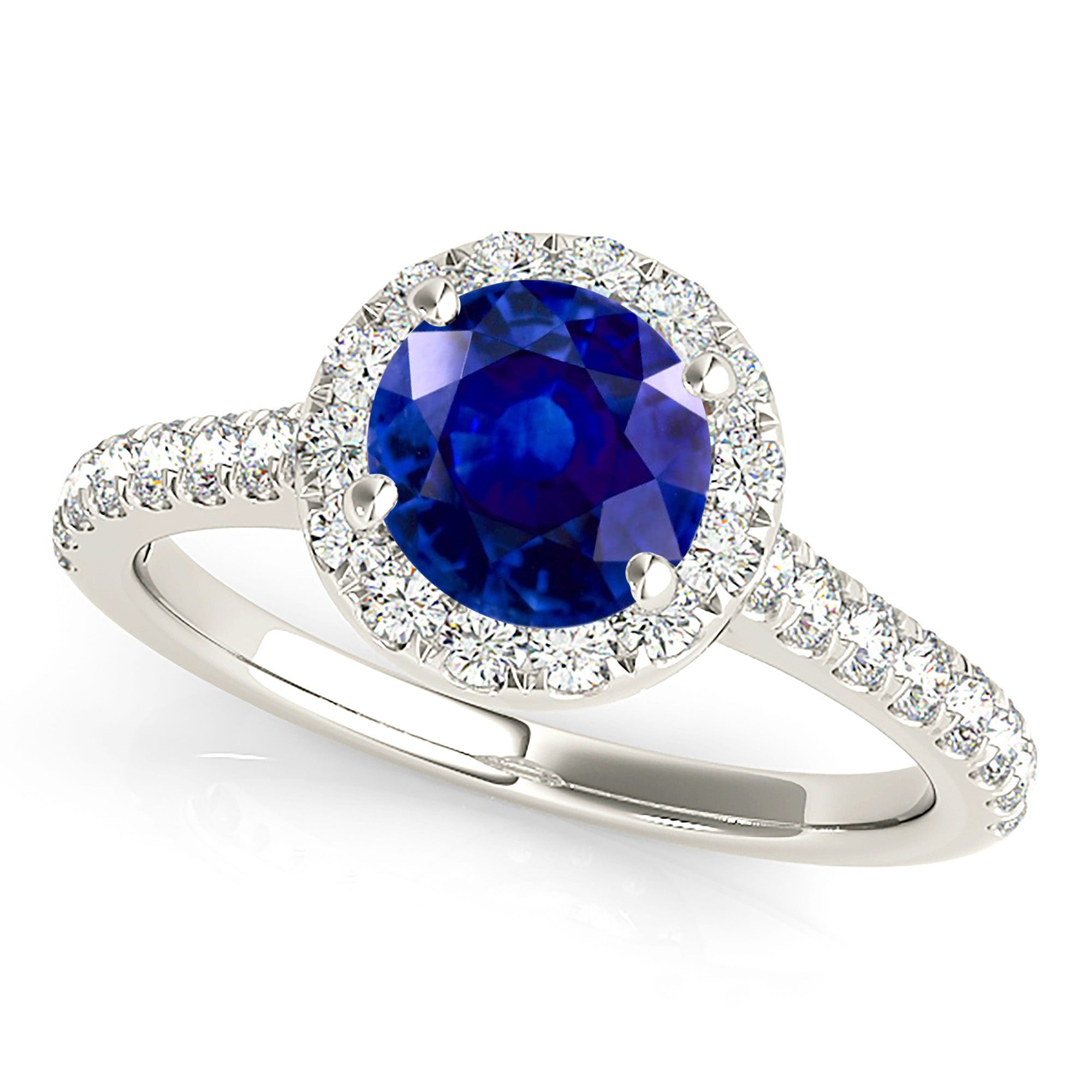 1.35 ct. Genuine Blue Sapphire Halo Ring With 0.35 ctw. Side Diamonds-VIRABYANI