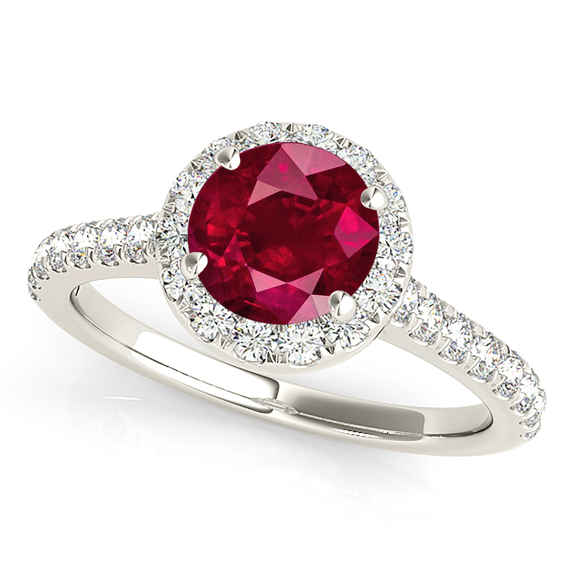 1.35 ct. Genuine Ruby Ring With 0.35 ctw. Diamond Halo , Delicate Diamond Band, Accent Diamond On Basket | Round Ruby Halo Ring | Ruby Ring-VIRABYANI