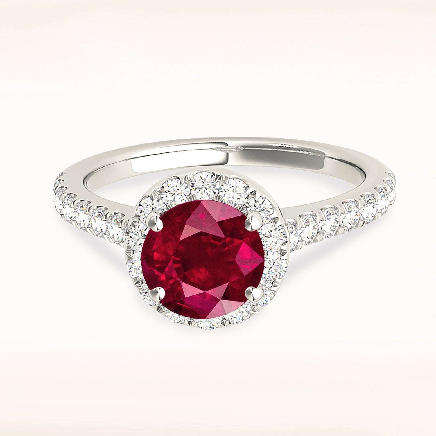 1.35 ct. Genuine Ruby Ring With 0.35 ctw. Diamond Halo , Delicate Diamond Band, Accent Diamond On Basket | Round Ruby Halo Ring | Ruby Ring-VIRABYANI