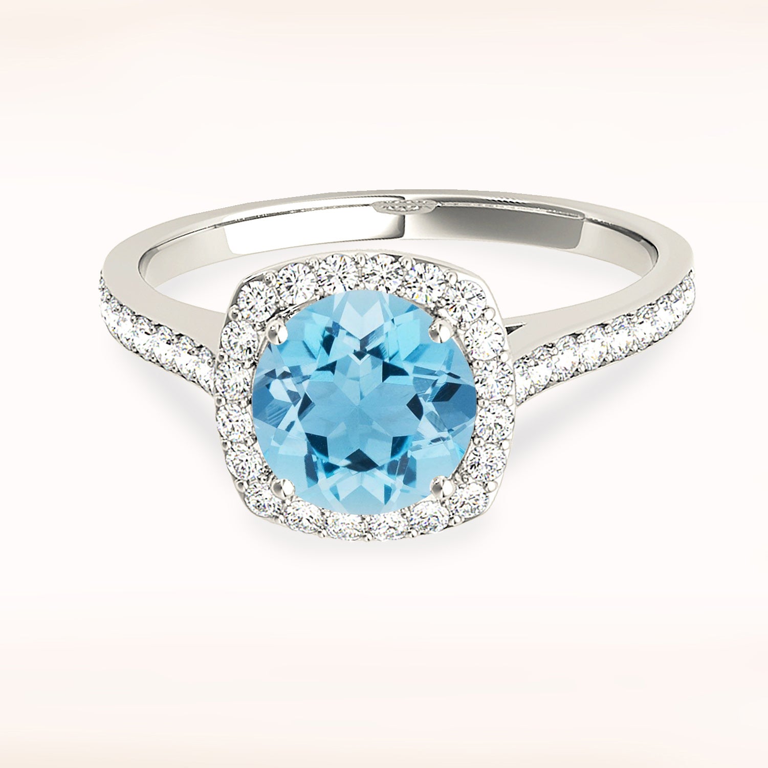 1.63 ct. Genuine Round Aquamarine Ring With 0.35 ctw. Diamond Cushion Halo, Cathedral Style Diamond Band | Round Blue Aquamarine Halo Ring-VIRABYANI