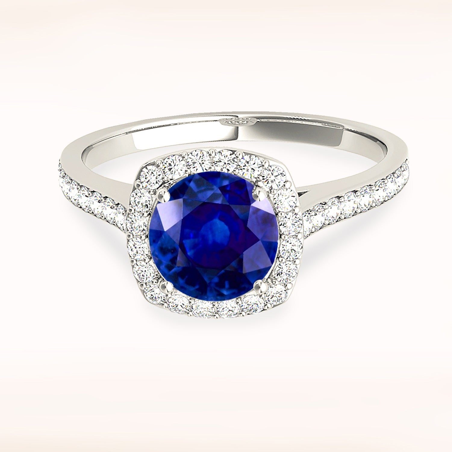 1.46 ct. Genuine Blue Sapphire Halo Ring with 0.35 ctw. Side Diamonds-VIRABYANI