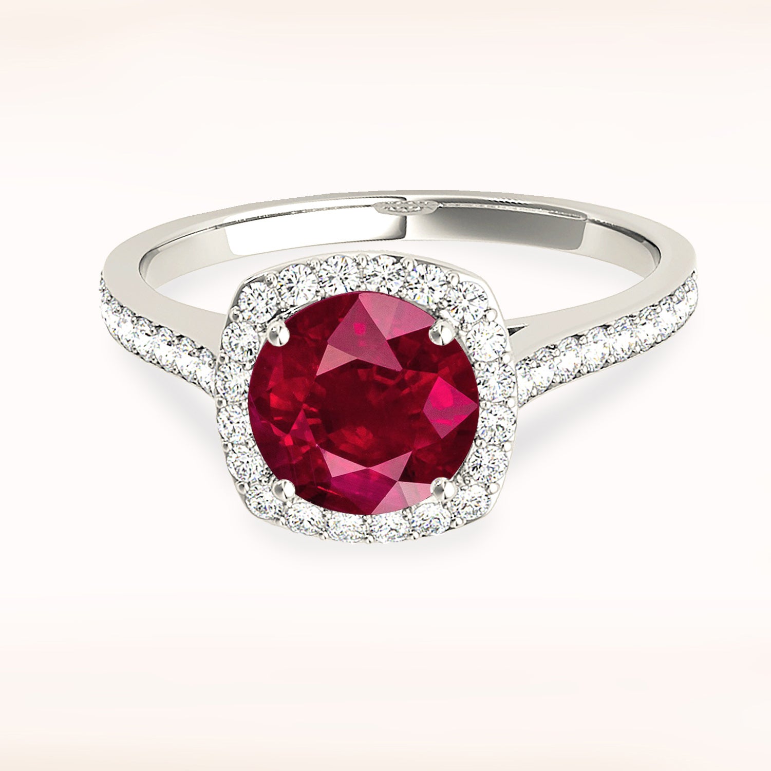 1.45 ct. Genuine Ruby Ring With 0.35 ctw. Diamond Cushion Halo And Delicate Diamond Band-VIRABYANI