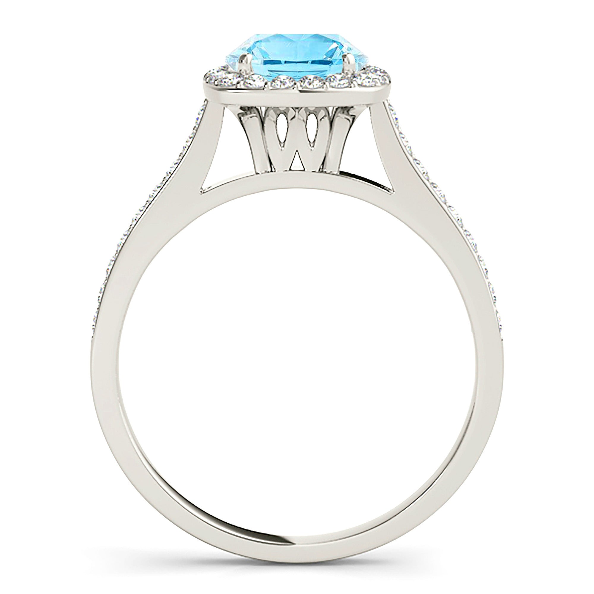 1.63 ct. Genuine Round Aquamarine Ring With 0.35 ctw. Diamond Cushion Halo, Cathedral Style Diamond Band | Round Blue Aquamarine Halo Ring-VIRABYANI
