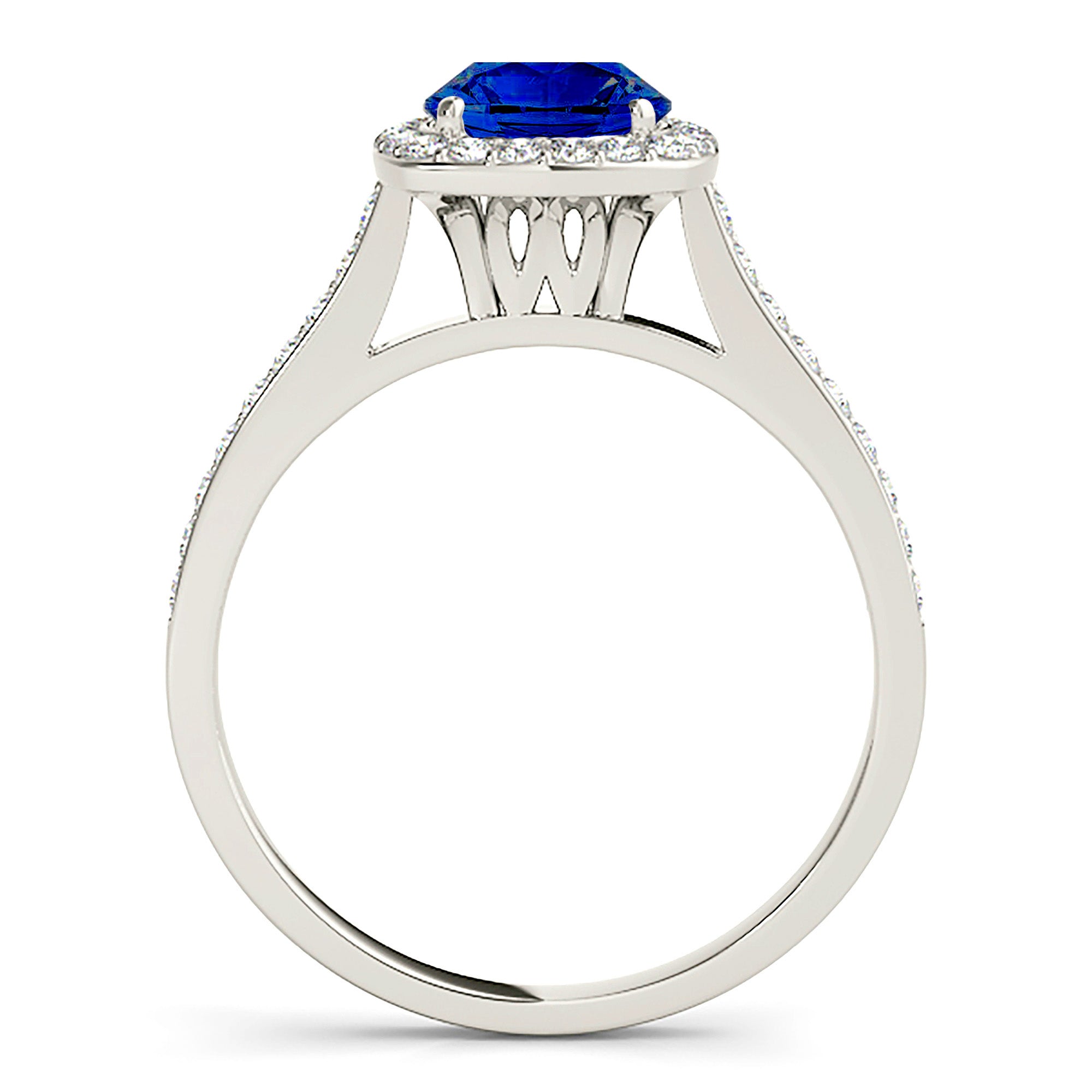 1.46 ct. Genuine Blue Sapphire Halo Ring with 0.35 ctw. Side Diamonds-VIRABYANI