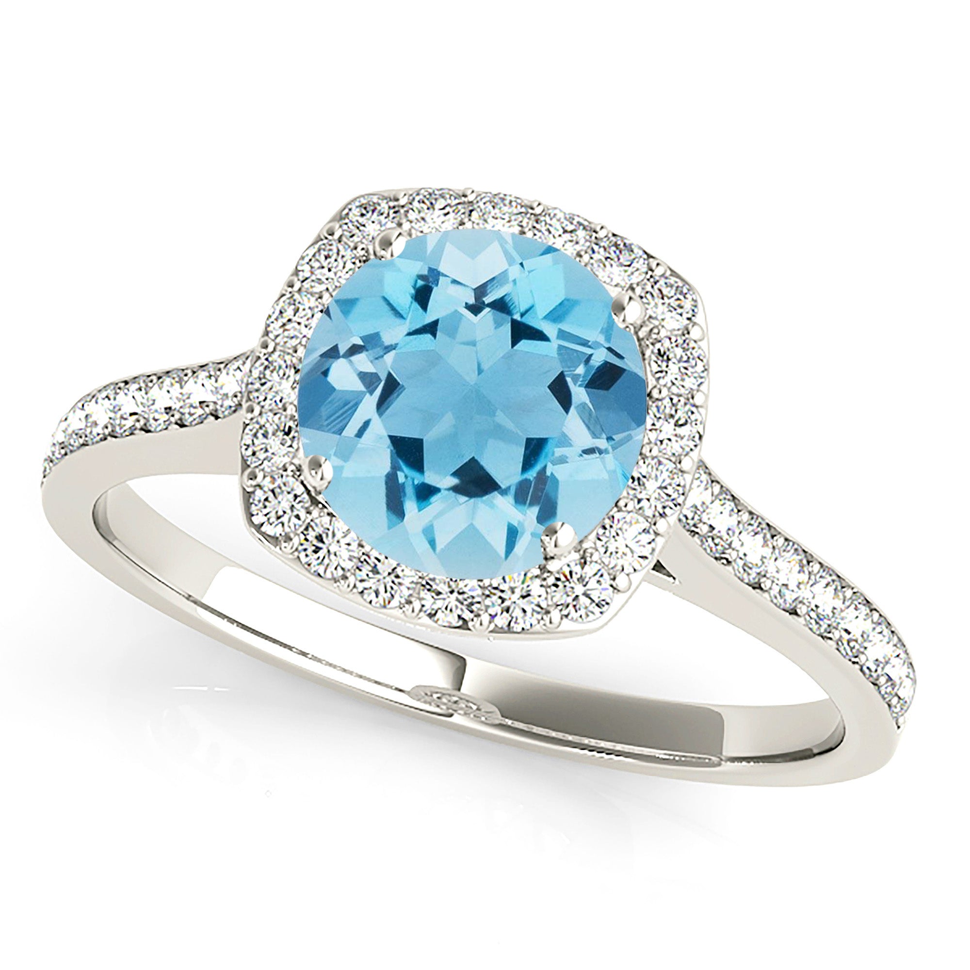 1.63 ct. Genuine Round Aquamarine Ring With 0.35 ctw. Diamond Cushion Halo, Cathedral Style Diamond Band | Round Blue Aquamarine Halo Ring-VIRABYANI