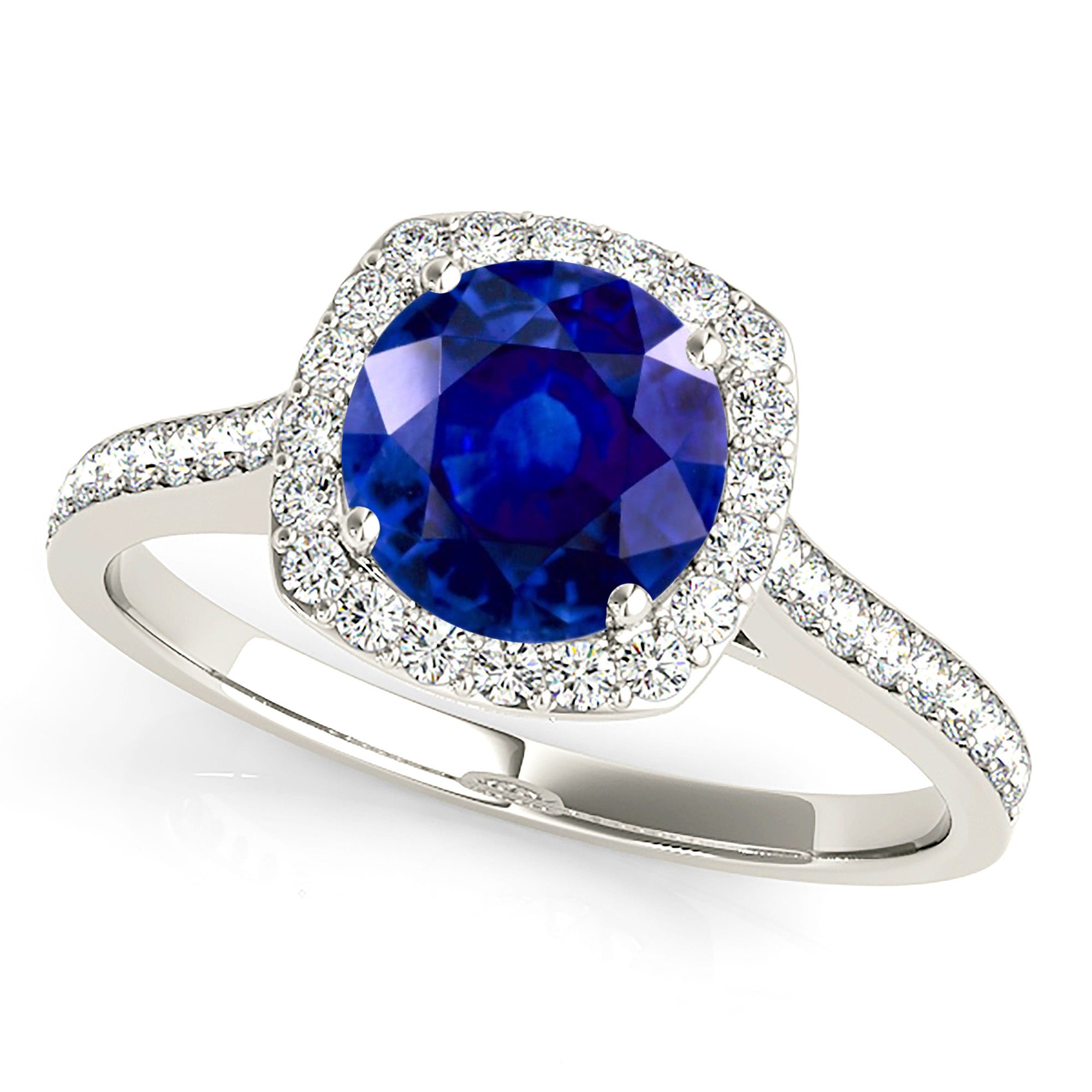 1.46 ct. Genuine Blue Sapphire Halo Ring with 0.35 ctw. Side Diamonds-VIRABYANI