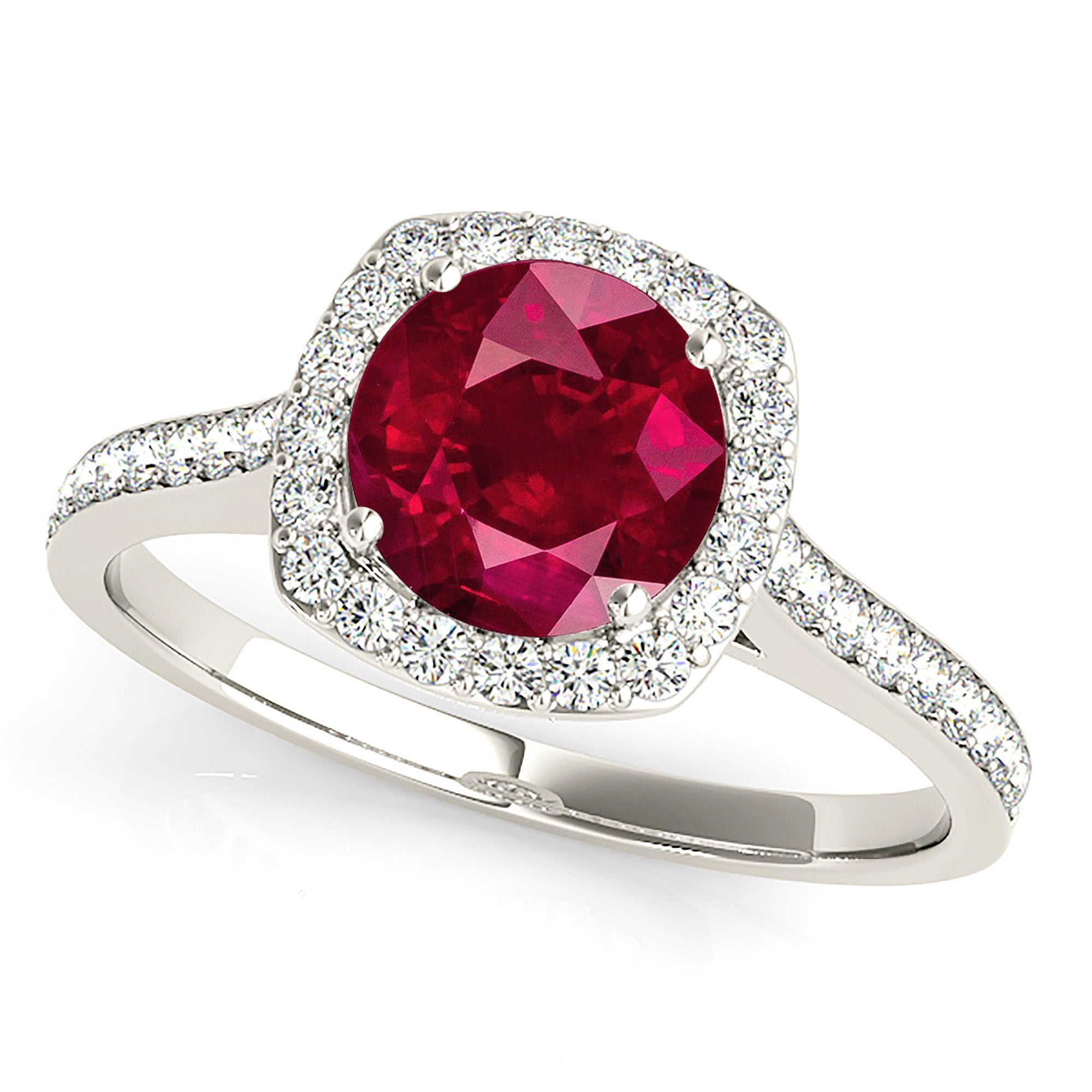 1.45 ct. Genuine Ruby Ring With 0.35 ctw. Diamond Cushion Halo And Delicate Diamond Band-VIRABYANI