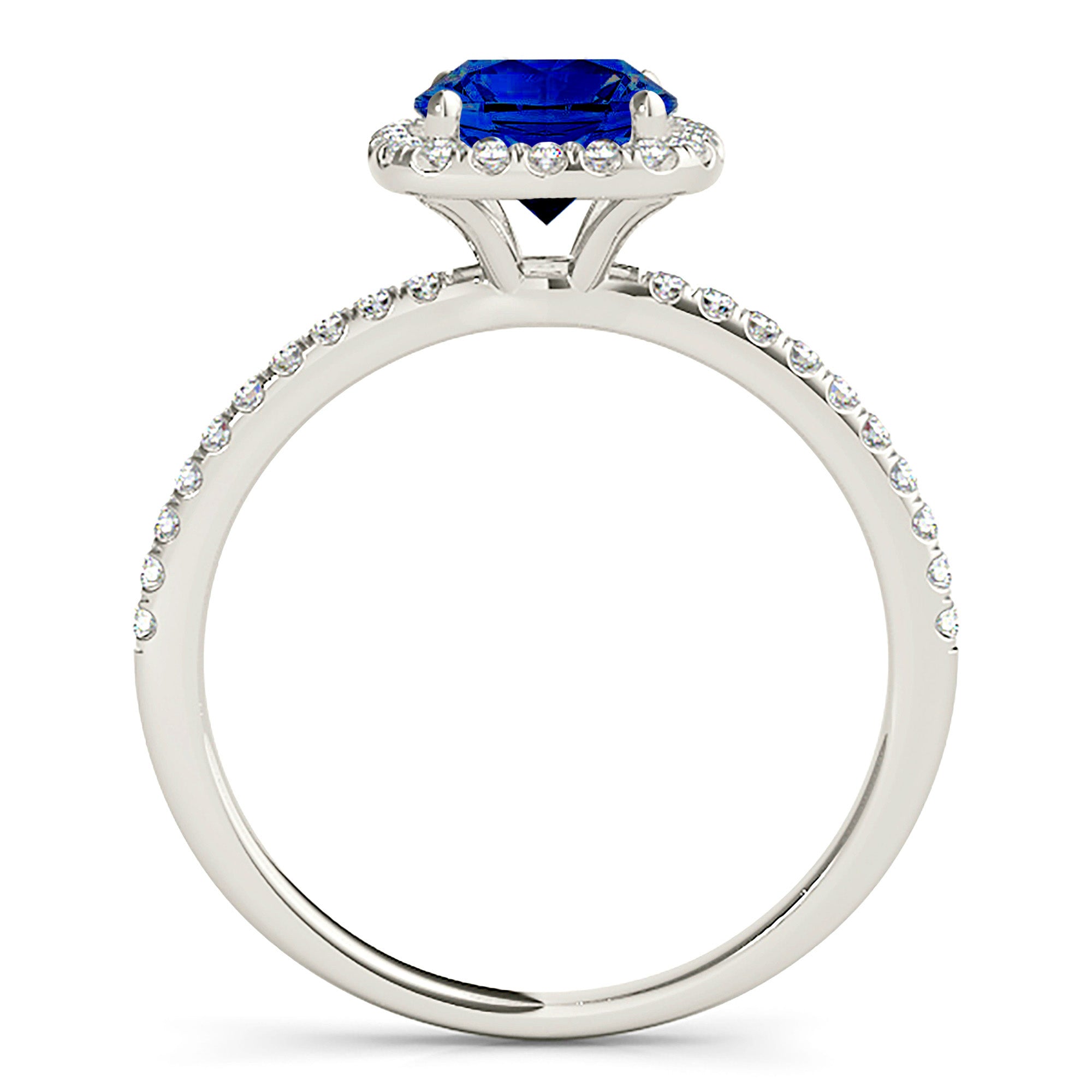 1.35 ct. Genuine Blue Round Sapphire Ring With 0.20 ctw. Diamond Cushion Halo, Dainty Diamond Band | Natural Sapphire And Diamond Ring-VIRABYANI
