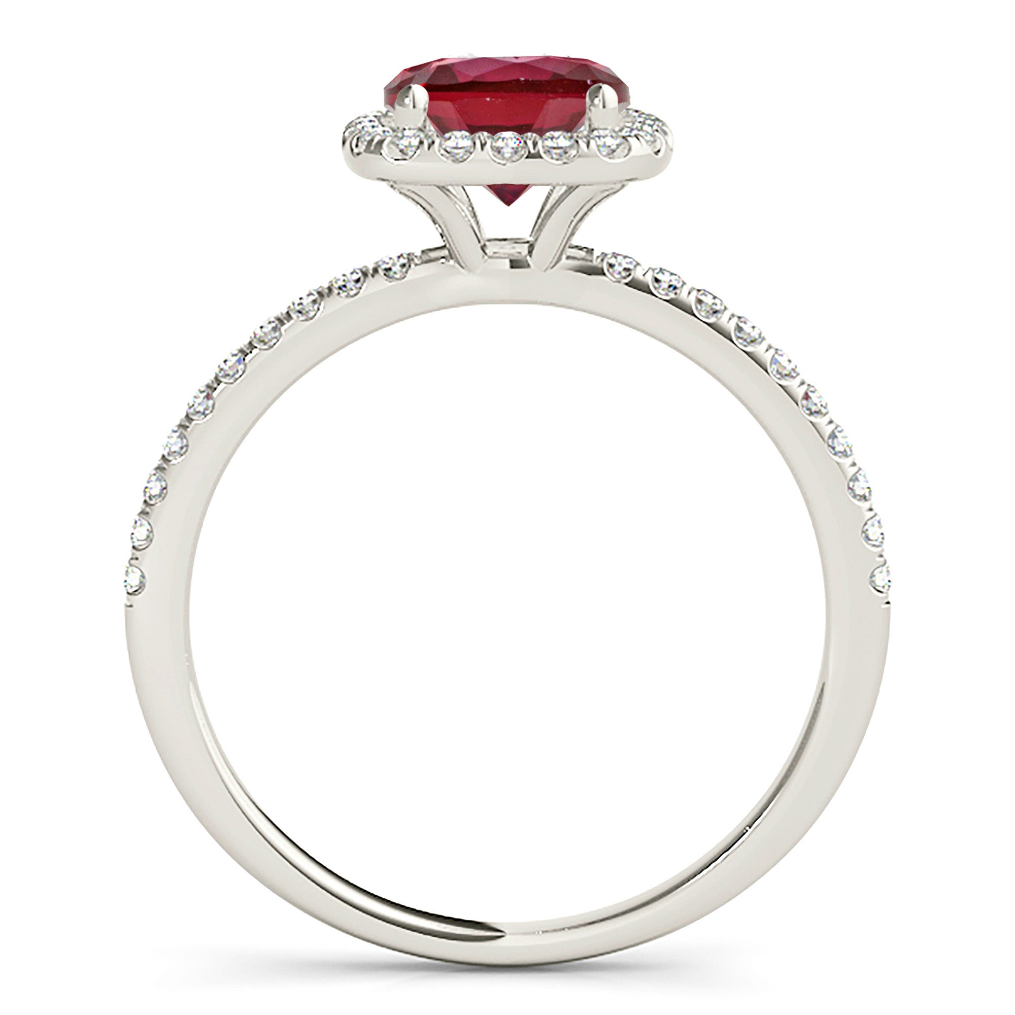 1.35 ct. Genuine Round Ruby Ring With 0.20 ctw. Diamond Cushion Halo, Delicate Diamond Band | Round Ruby Halo Ring | Natural Ruby Ring-VIRABYANI