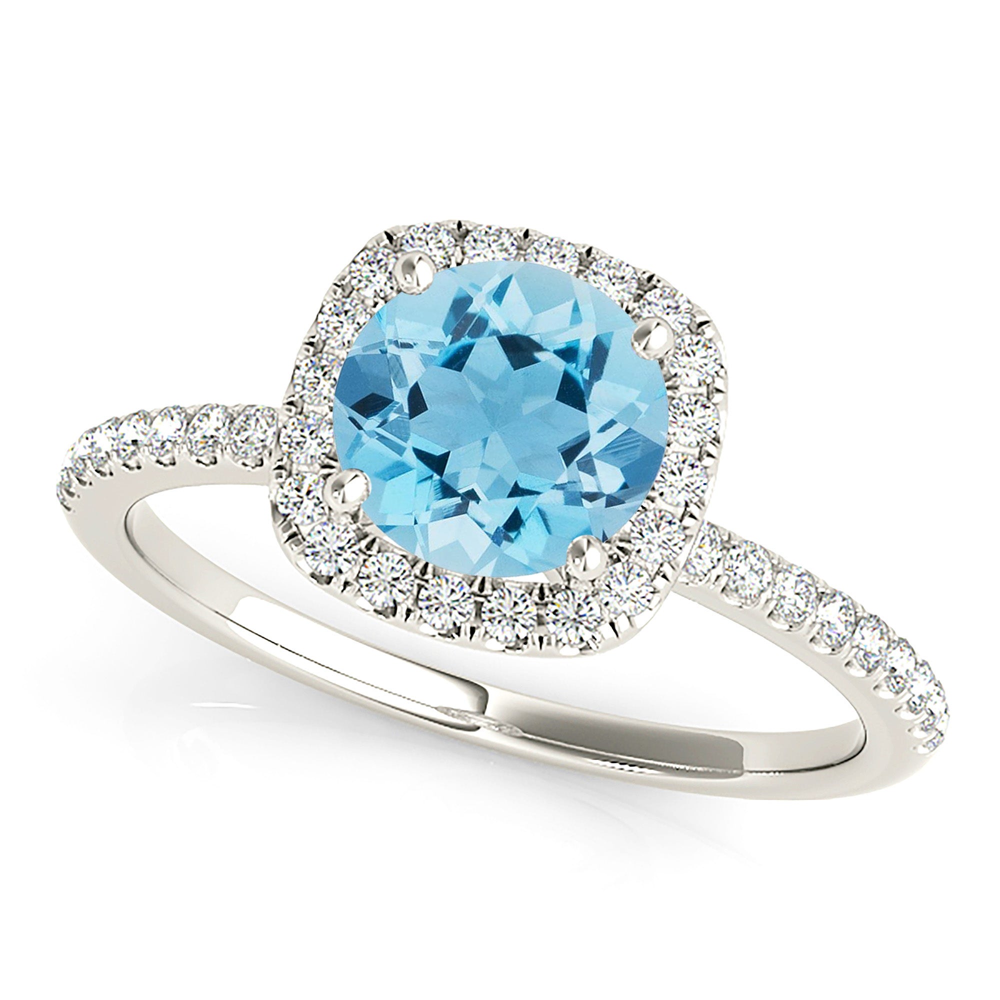1.10 ct. Genuine Round Aquamarine Ring With 0.20 ctw. Diamond Cushion Halo And Delicate Diamond Band | Round Blue Aquamarine Halo Ring-VIRABYANI