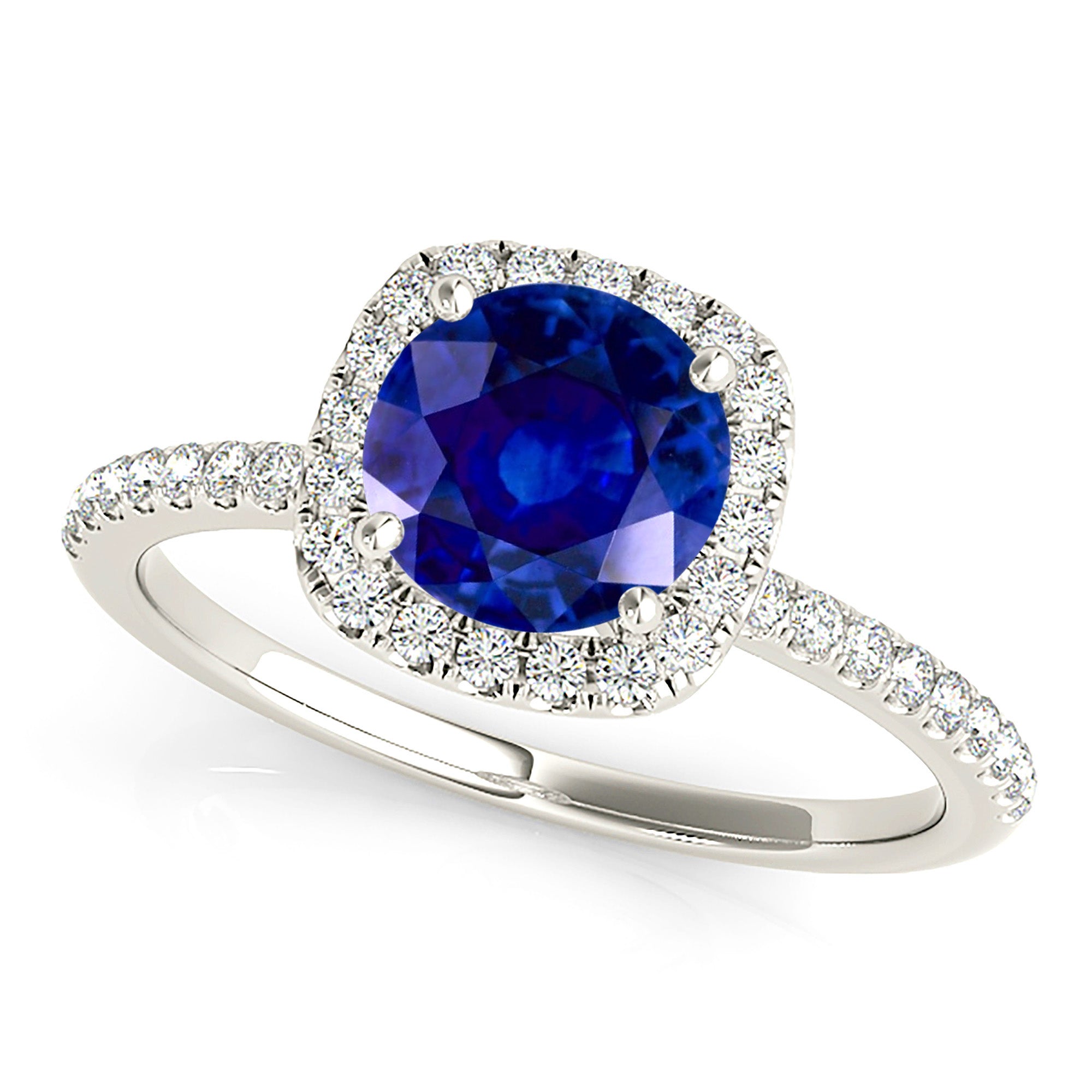 1.35 ct. Genuine Blue Round Sapphire Ring With 0.20 ctw. Diamond Cushion Halo, Dainty Diamond Band | Natural Sapphire And Diamond Ring-VIRABYANI