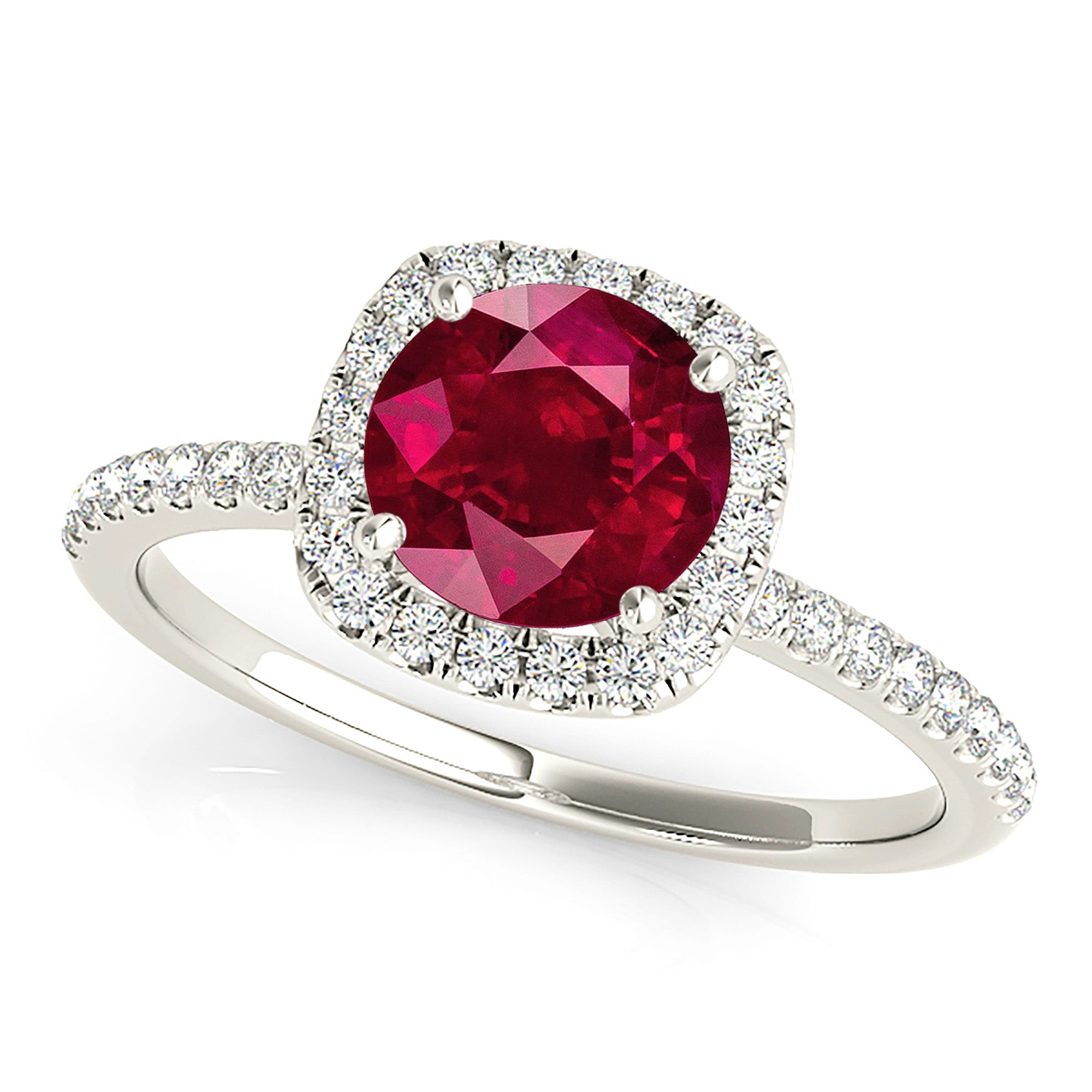1.35 ct. Genuine Round Ruby Ring With 0.20 ctw. Diamond Cushion Halo, Delicate Diamond Band | Round Ruby Halo Ring | Natural Ruby Ring-VIRABYANI