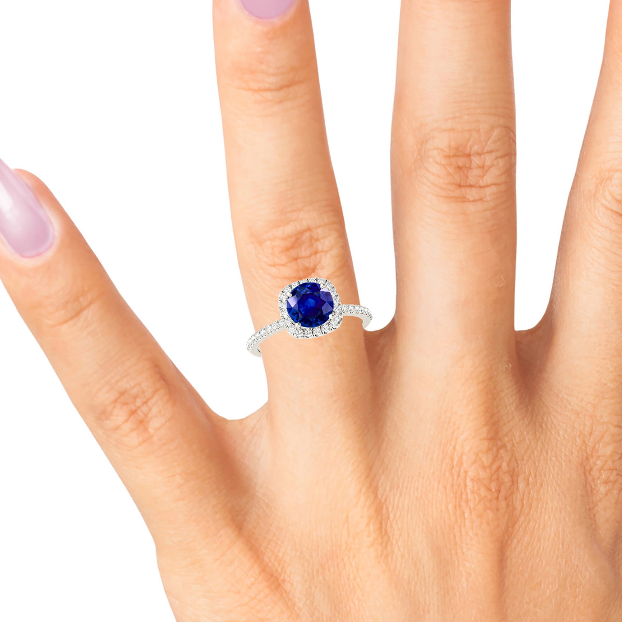 1.35 ct. Genuine Blue Round Sapphire Ring With 0.20 ctw. Diamond Cushion Halo, Dainty Diamond Band | Natural Sapphire And Diamond Ring-in 14K/18K White, Yellow, Rose Gold and Platinum - Christmas Jewelry Gift -VIRABYANI