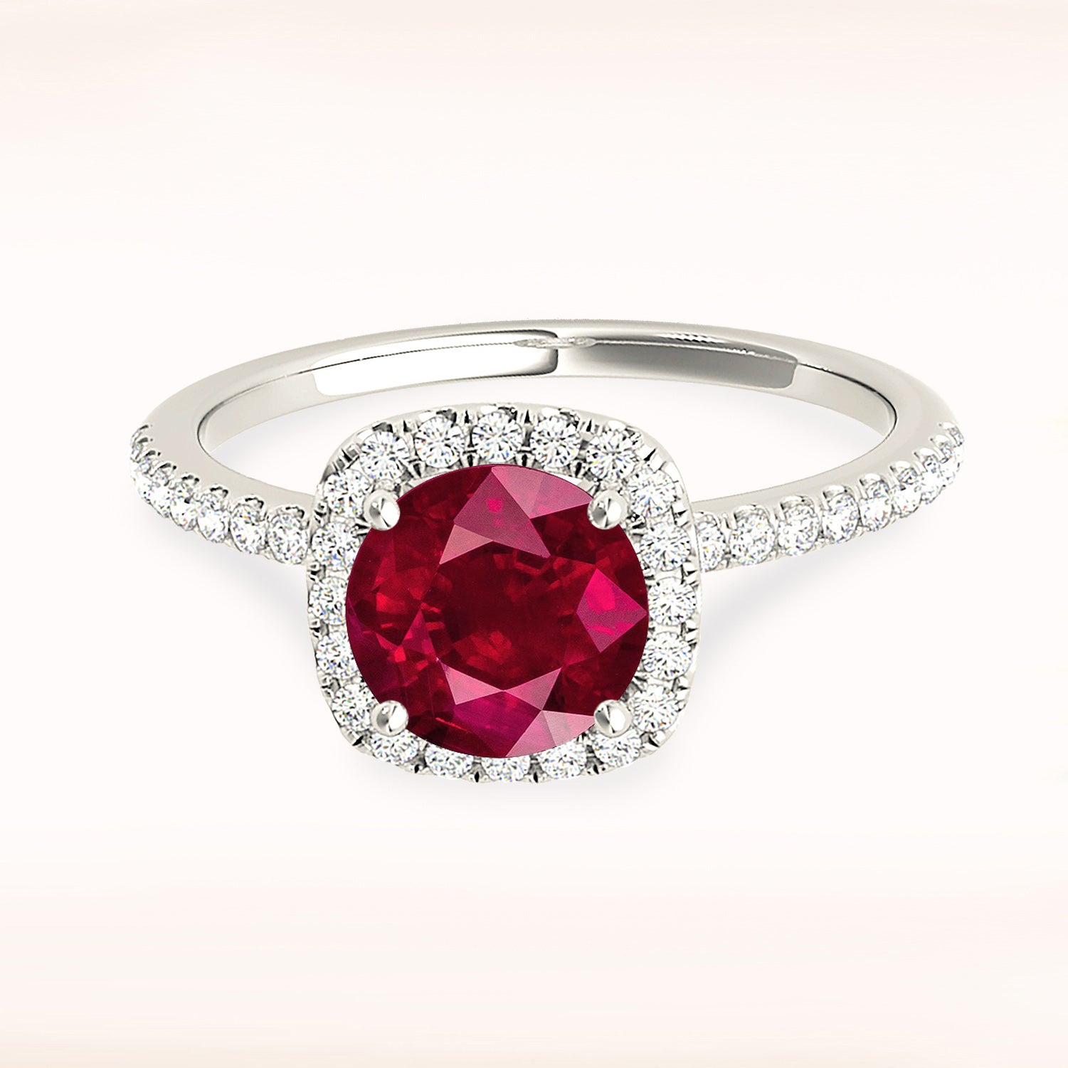 1.35 ct. Genuine Round Ruby Ring With 0.20 ctw. Diamond Cushion Halo, Delicate Diamond Band | Round Ruby Halo Ring | Natural Ruby Ring-VIRABYANI