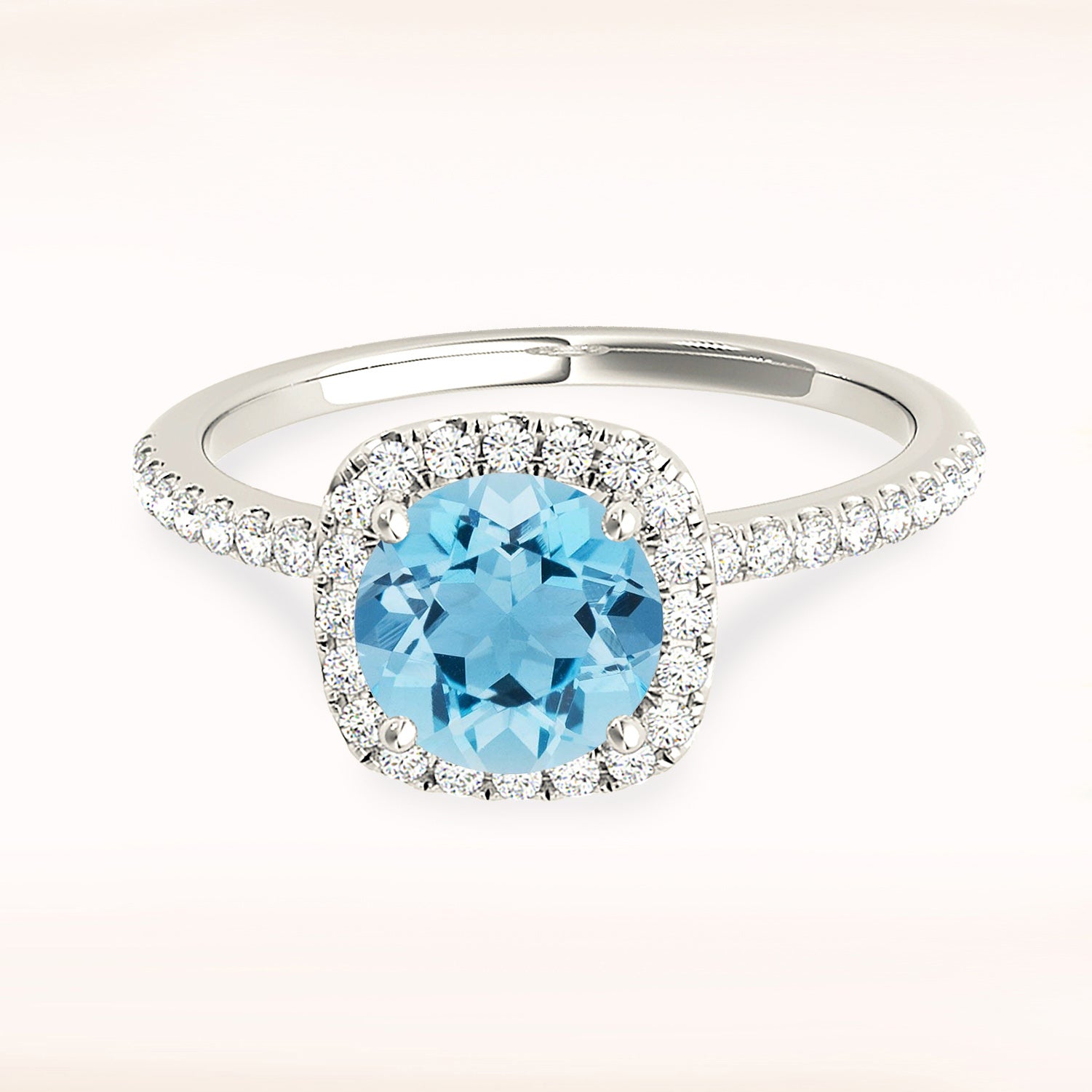1.10 ct. Genuine Round Aquamarine Ring With 0.20 ctw. Diamond Cushion Halo And Delicate Diamond Band | Round Blue Aquamarine Halo Ring-VIRABYANI
