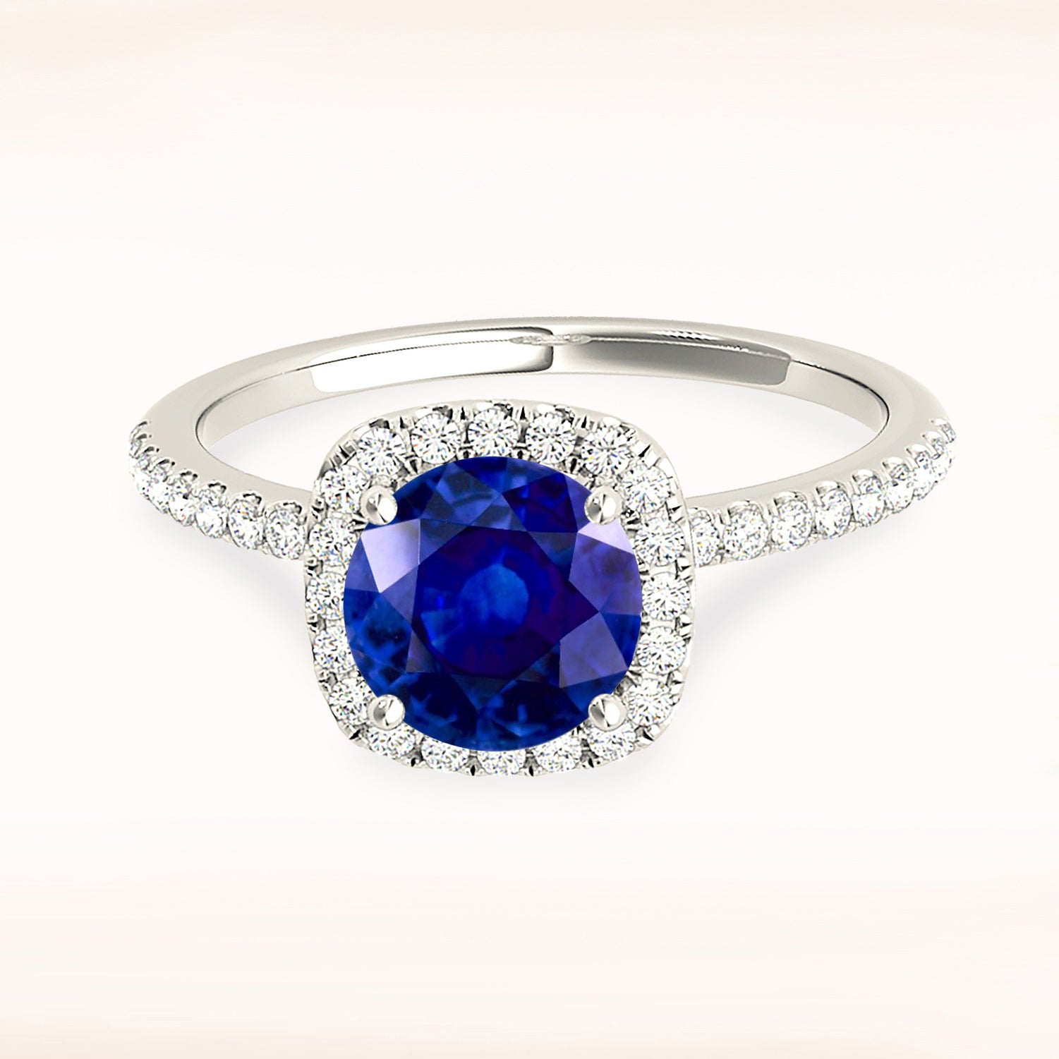 1.35 ct. Genuine Blue Round Sapphire Ring With 0.20 ctw. Diamond Cushion Halo, Dainty Diamond Band | Natural Sapphire And Diamond Ring-in 14K/18K White, Yellow, Rose Gold and Platinum - Christmas Jewelry Gift -VIRABYANI