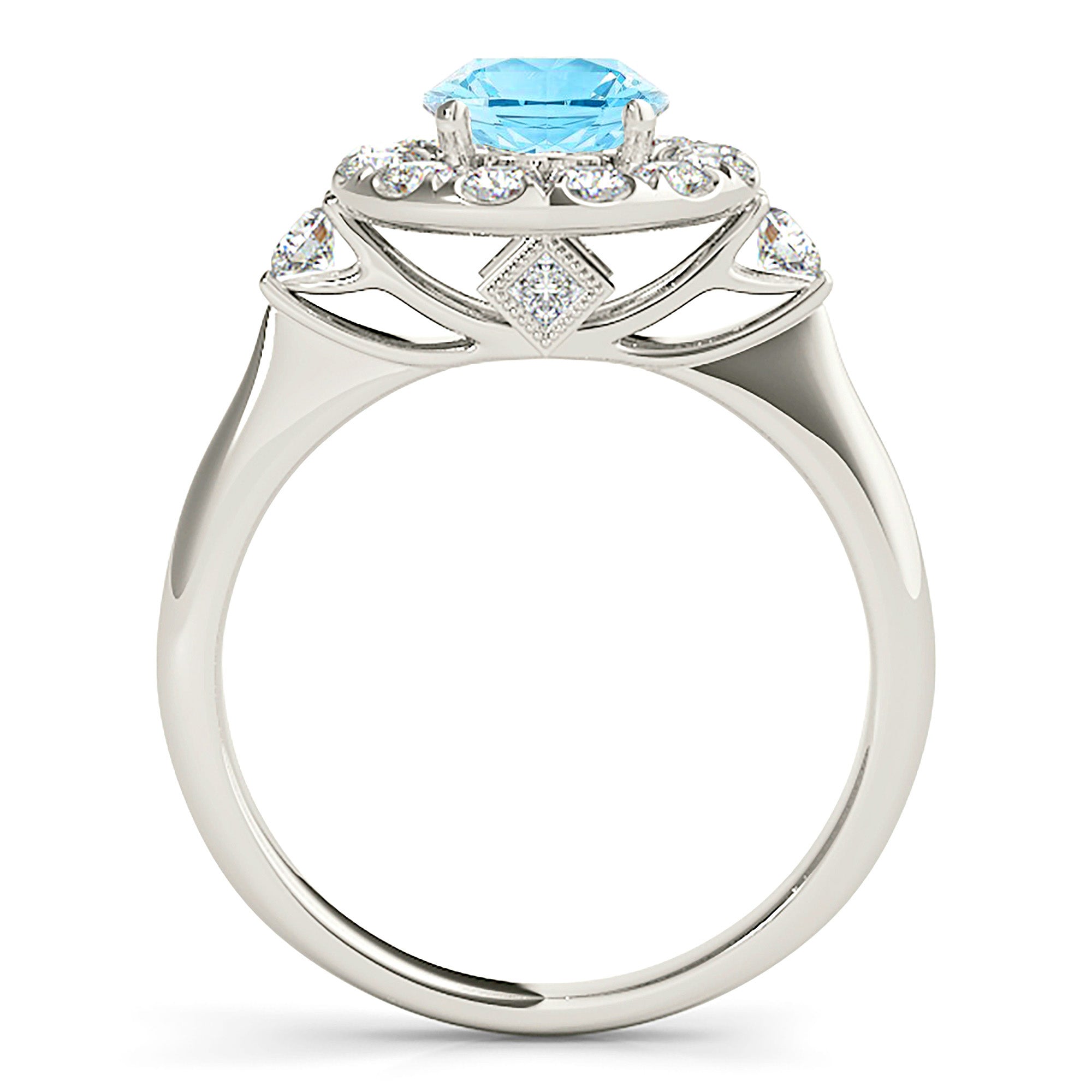 1.10 ct. Genuine Aquamarine Ring With 0.40 ctw. Diamond Halo And Two Side Round Diamonds, Solid Gold band| Round Blue Aquamarine Halo Ring-VIRABYANI
