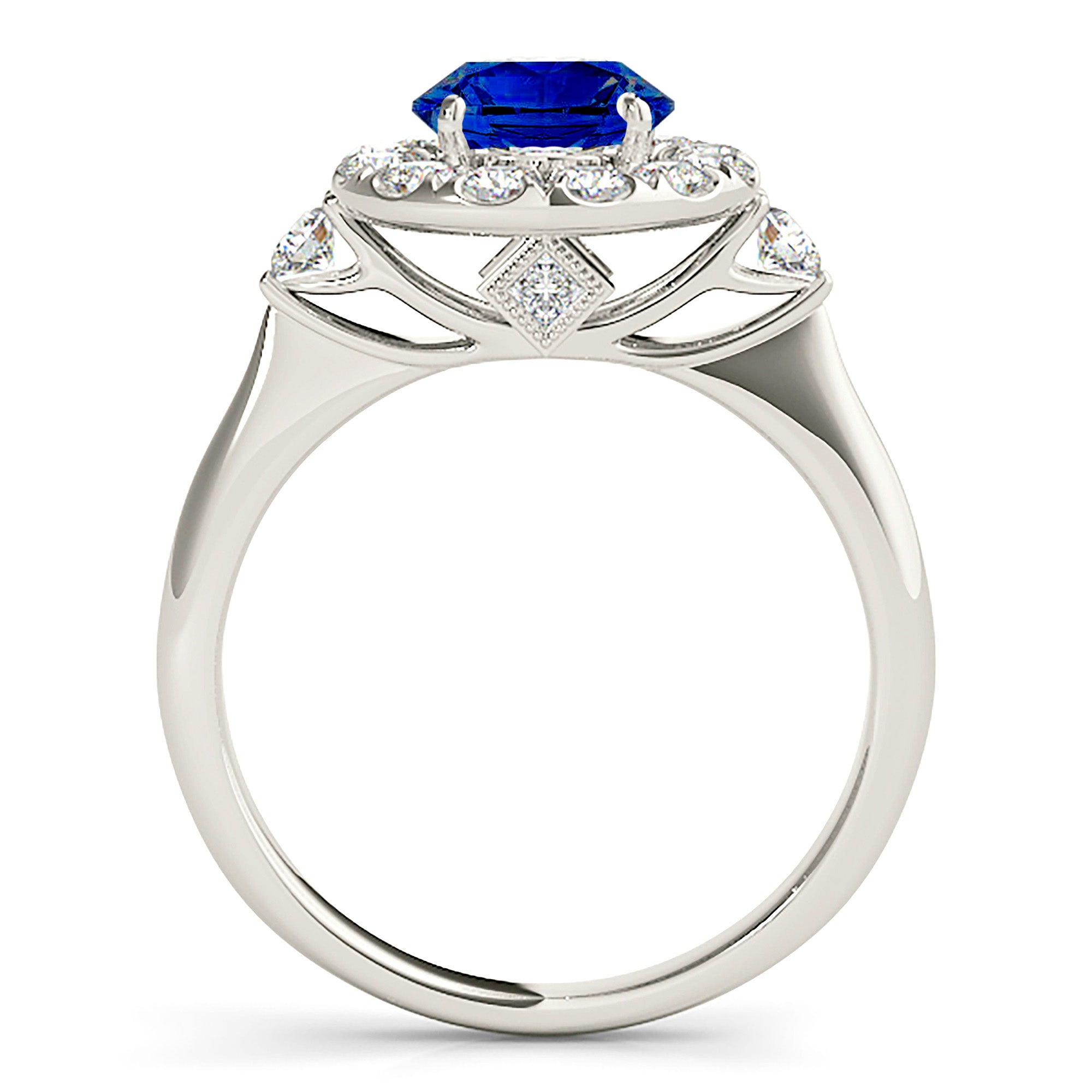 1.35 ct. Genuine Blue Sapphire Ring With 0.40 ctw. Diamond Halo, Two Side Accent Diamonds, Solid Gold Band | Sapphire And Diamond Ring-in 14K/18K White, Yellow, Rose Gold and Platinum - Christmas Jewelry Gift -VIRABYANI