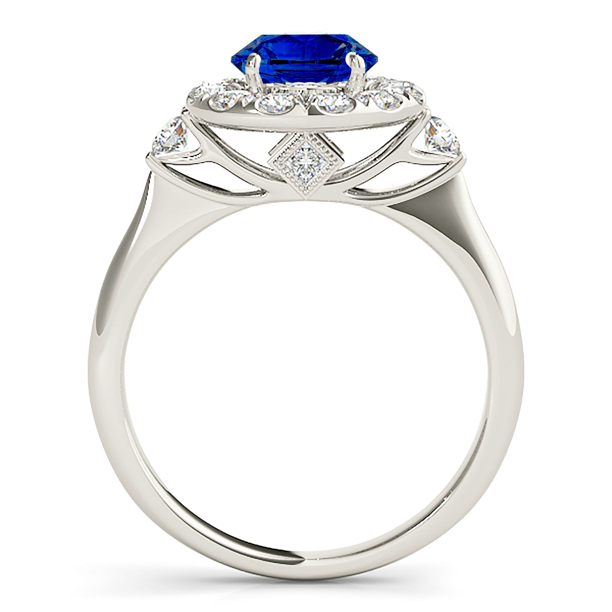 1.35 ct. Genuine Blue Sapphire Ring With 0.40 ctw. Diamond Halo, Two Side Accent Diamonds, Solid Gold Band | Sapphire And Diamond Ring-VIRABYANI