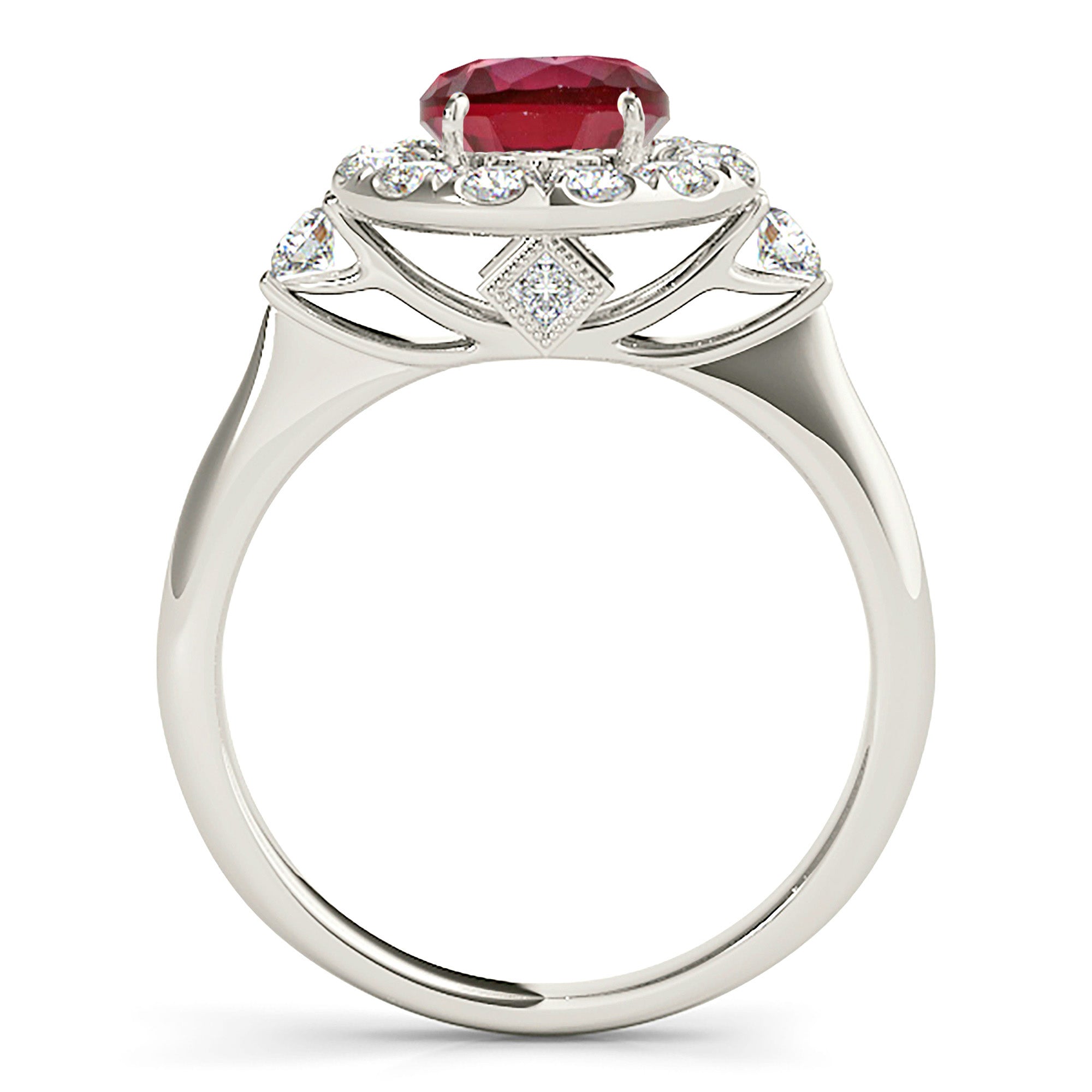 1.35 ct. Genuine Ruby Ring With 0.40 ctw. Diamond Halo And Side Accent Diamonds, Solid Gold band-VIRABYANI