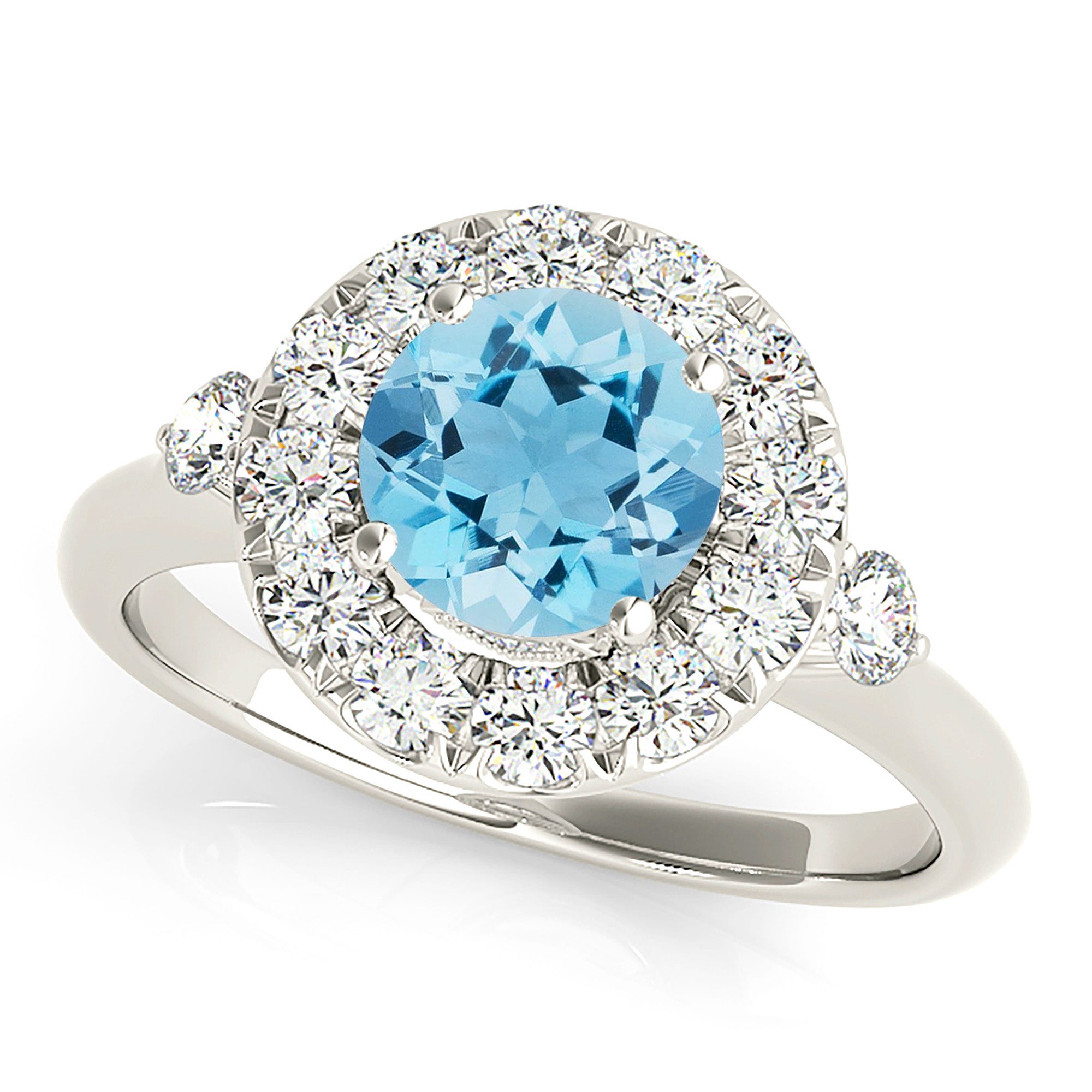 1.10 ct. Genuine Aquamarine Ring With 0.40 ctw. Diamond Halo And Two Side Round Diamonds, Solid Gold band| Round Blue Aquamarine Halo Ring-VIRABYANI