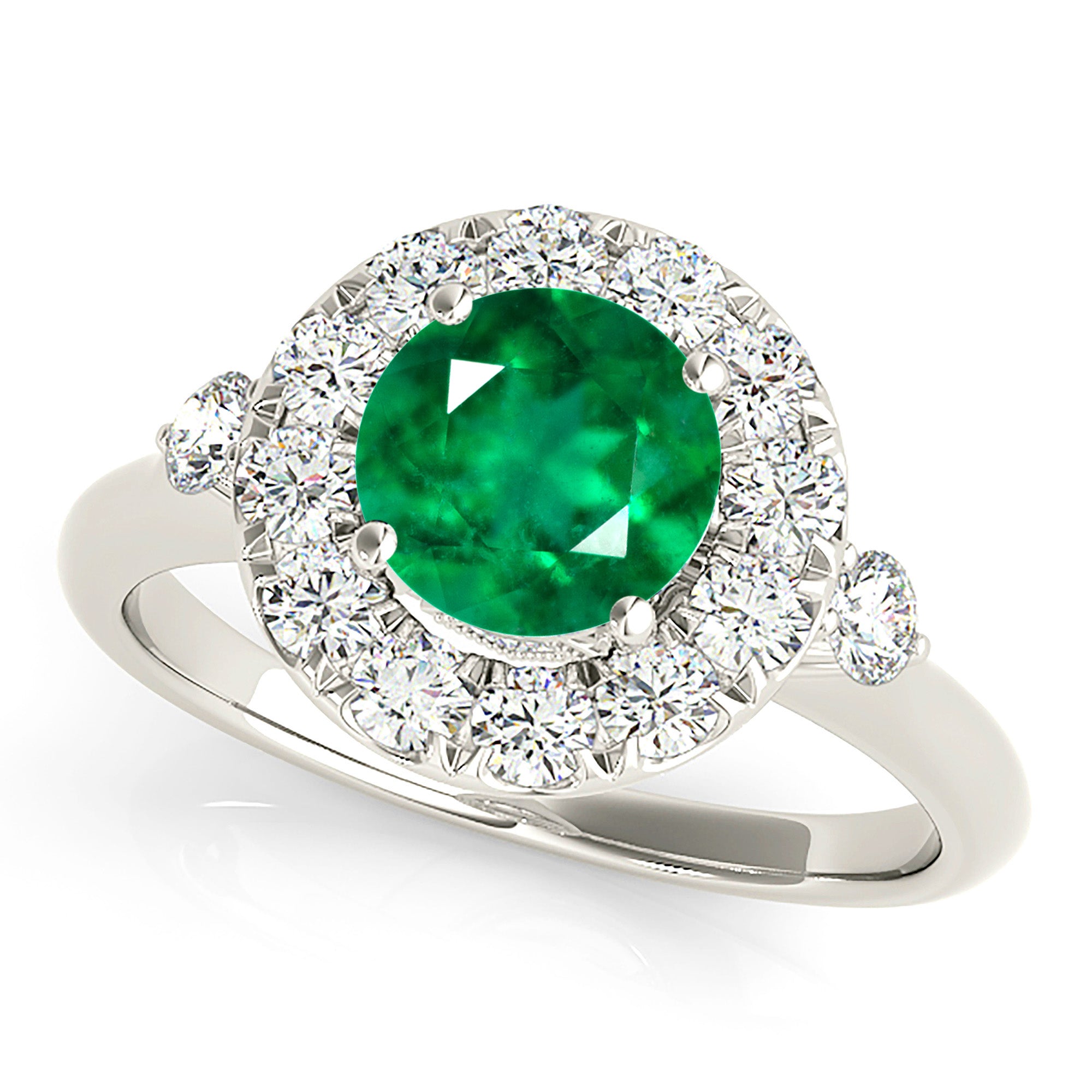 1.14 ct. Genuine Emerald Ring With 0.40 ctw. Diamond Halo and Side Accent Diamonds, Solid Gold Band-VIRABYANI