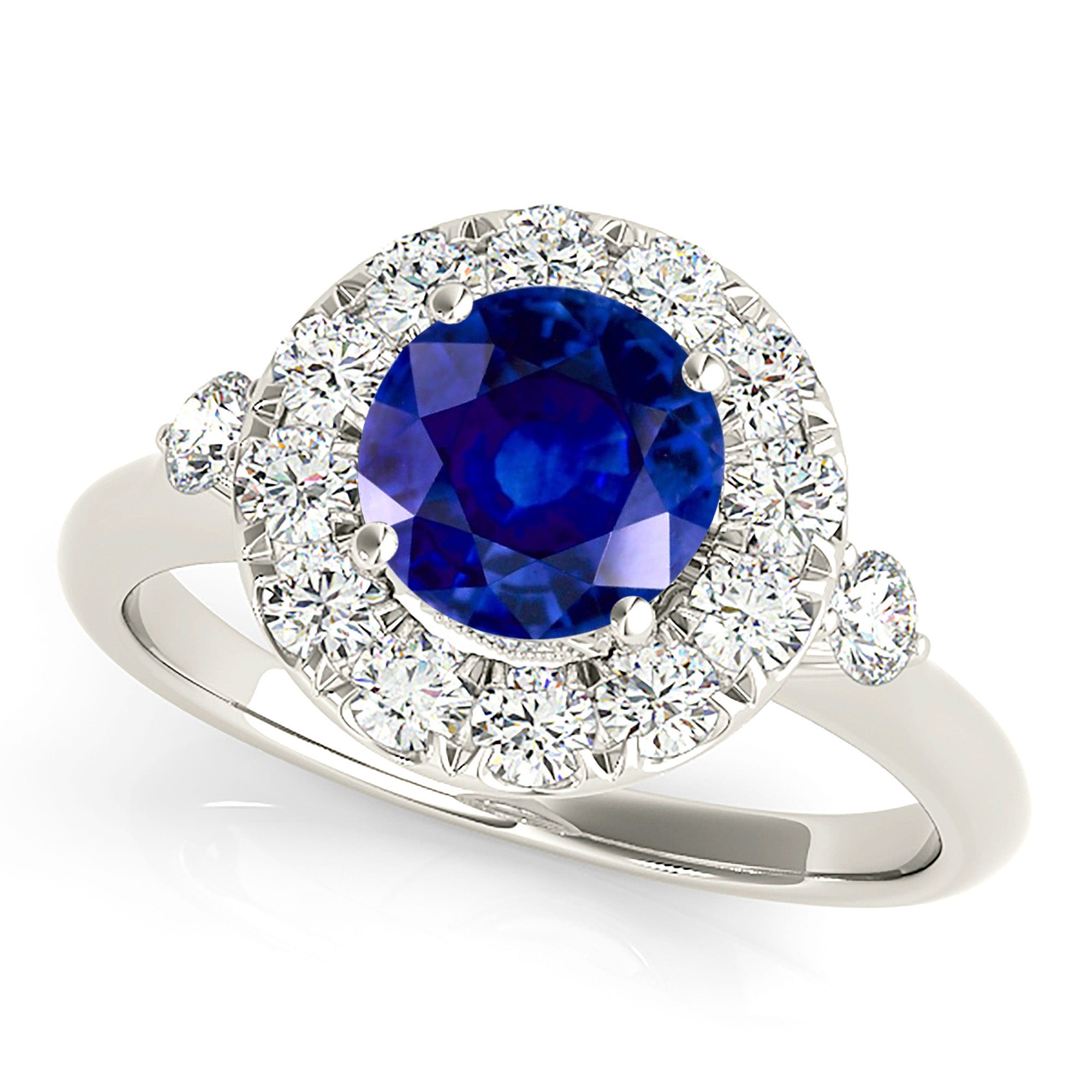 1.35 ct. Genuine Blue Sapphire Ring With 0.40 ctw. Diamond Halo, Two Side Accent Diamonds, Solid Gold Band | Sapphire And Diamond Ring-VIRABYANI