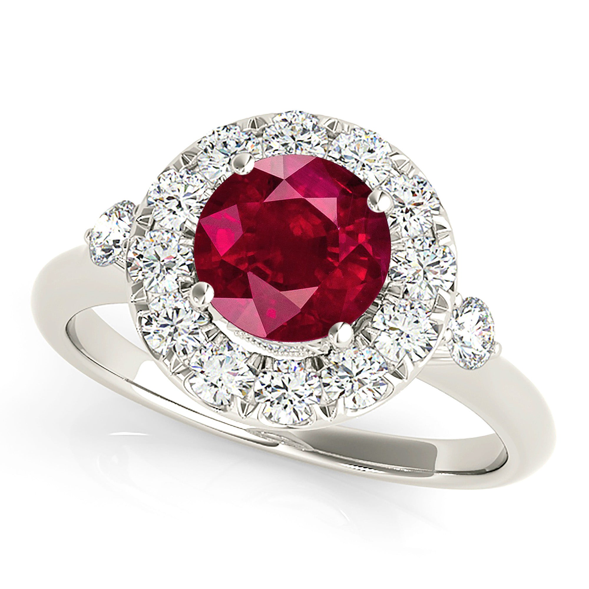 1.35 ct. Genuine Ruby Ring With 0.40 ctw. Diamond Halo And Side Accent Diamonds, Solid Gold band-VIRABYANI