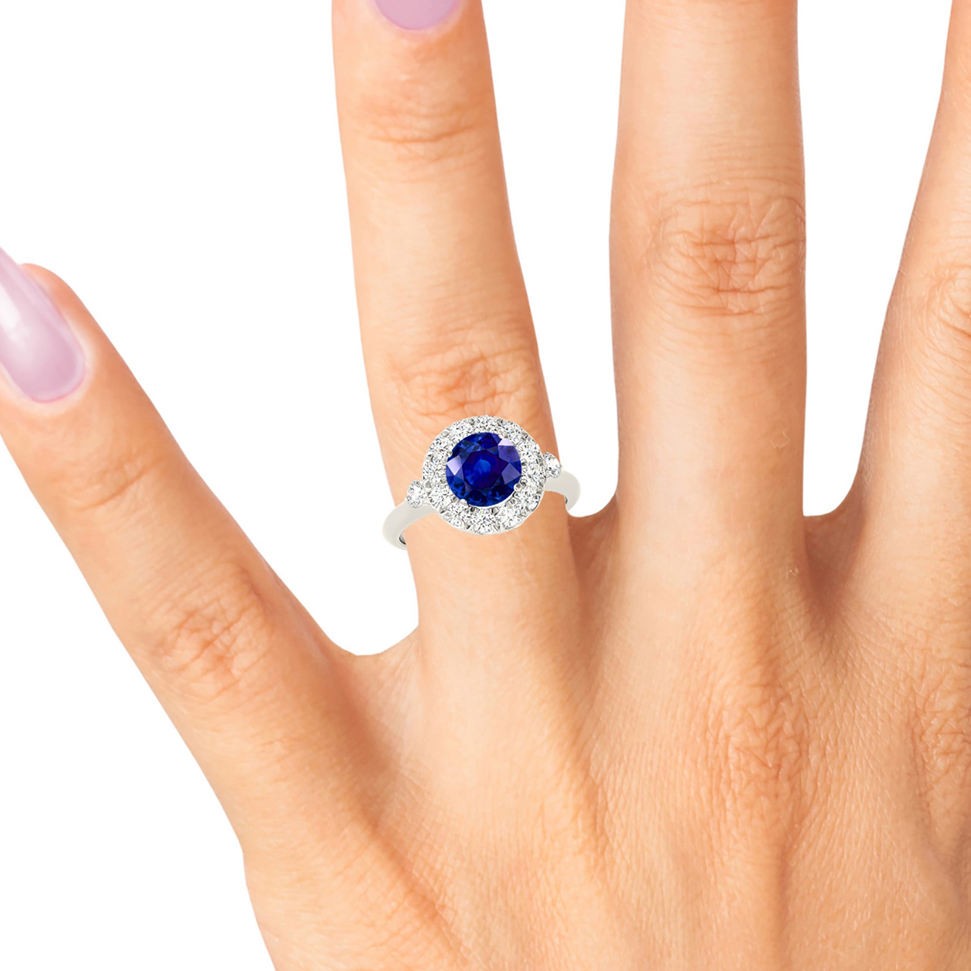 1.35 ct. Genuine Blue Sapphire Ring With 0.40 ctw. Diamond Halo, Two Side Accent Diamonds, Solid Gold Band | Sapphire And Diamond Ring-VIRABYANI