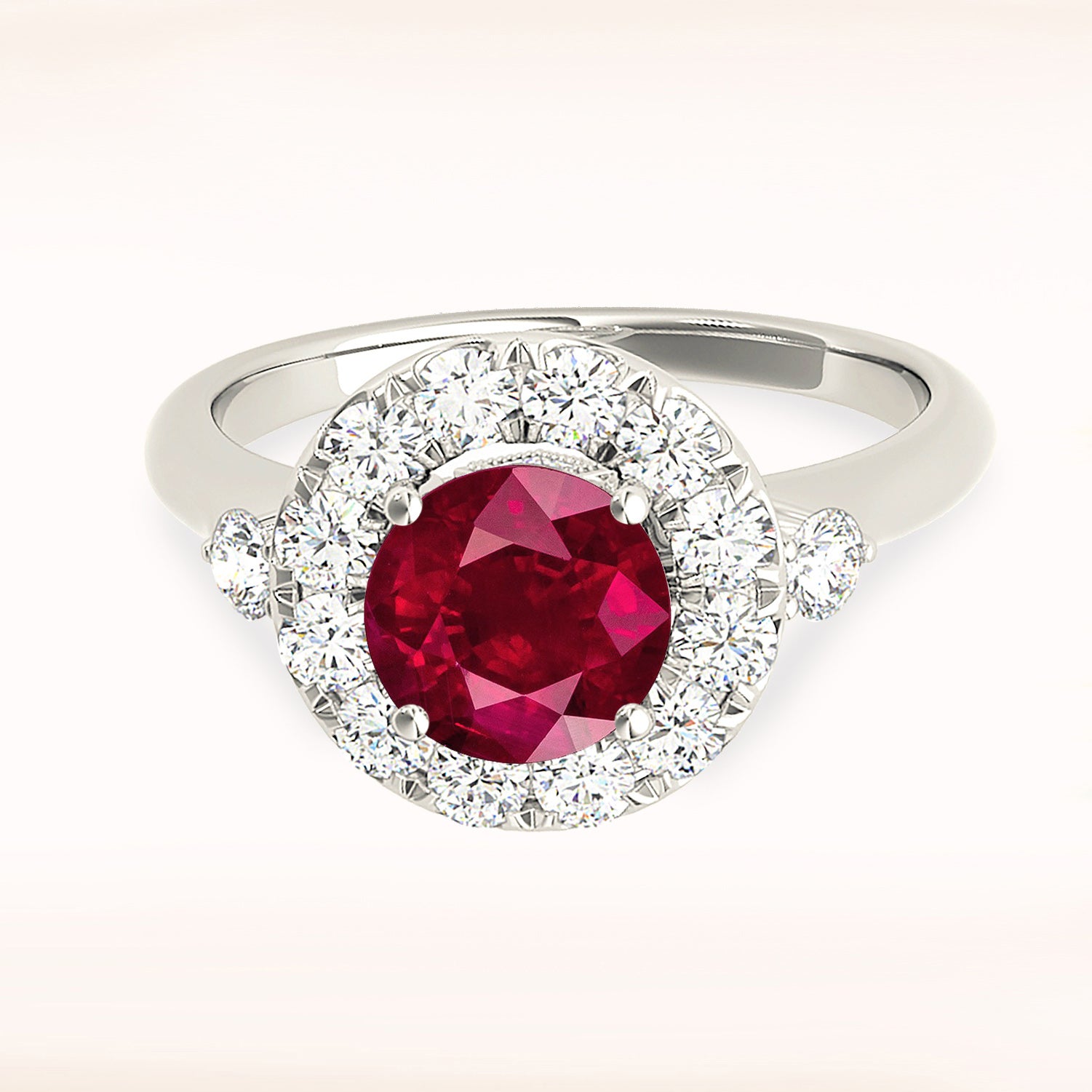 1.35 ct. Genuine Ruby Ring With 0.40 ctw. Diamond Halo And Side Accent Diamonds, Solid Gold band-VIRABYANI