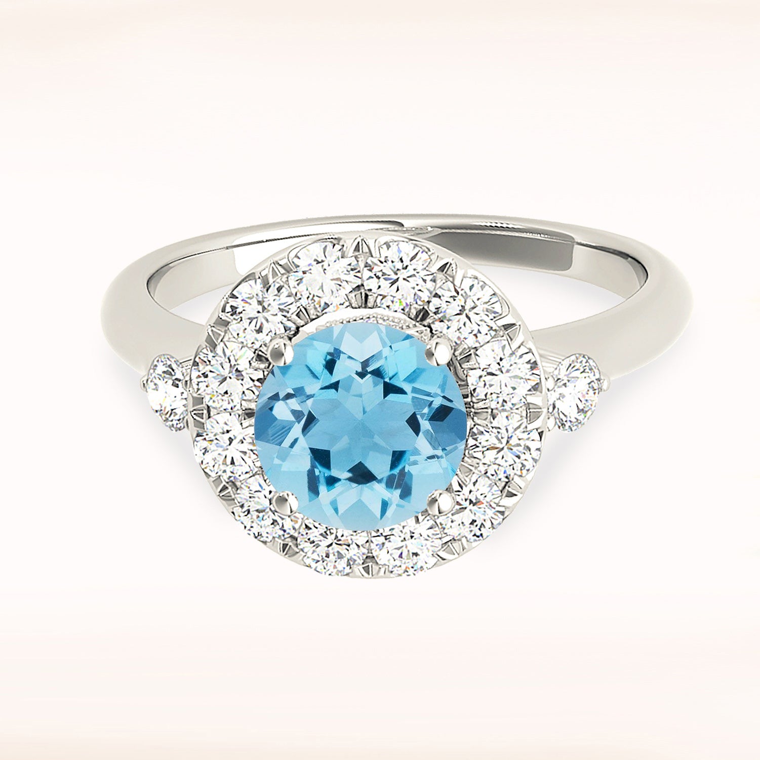 1.10 ct. Genuine Aquamarine Ring With 0.40 ctw. Diamond Halo And Two Side Round Diamonds, Solid Gold band| Round Blue Aquamarine Halo Ring-VIRABYANI