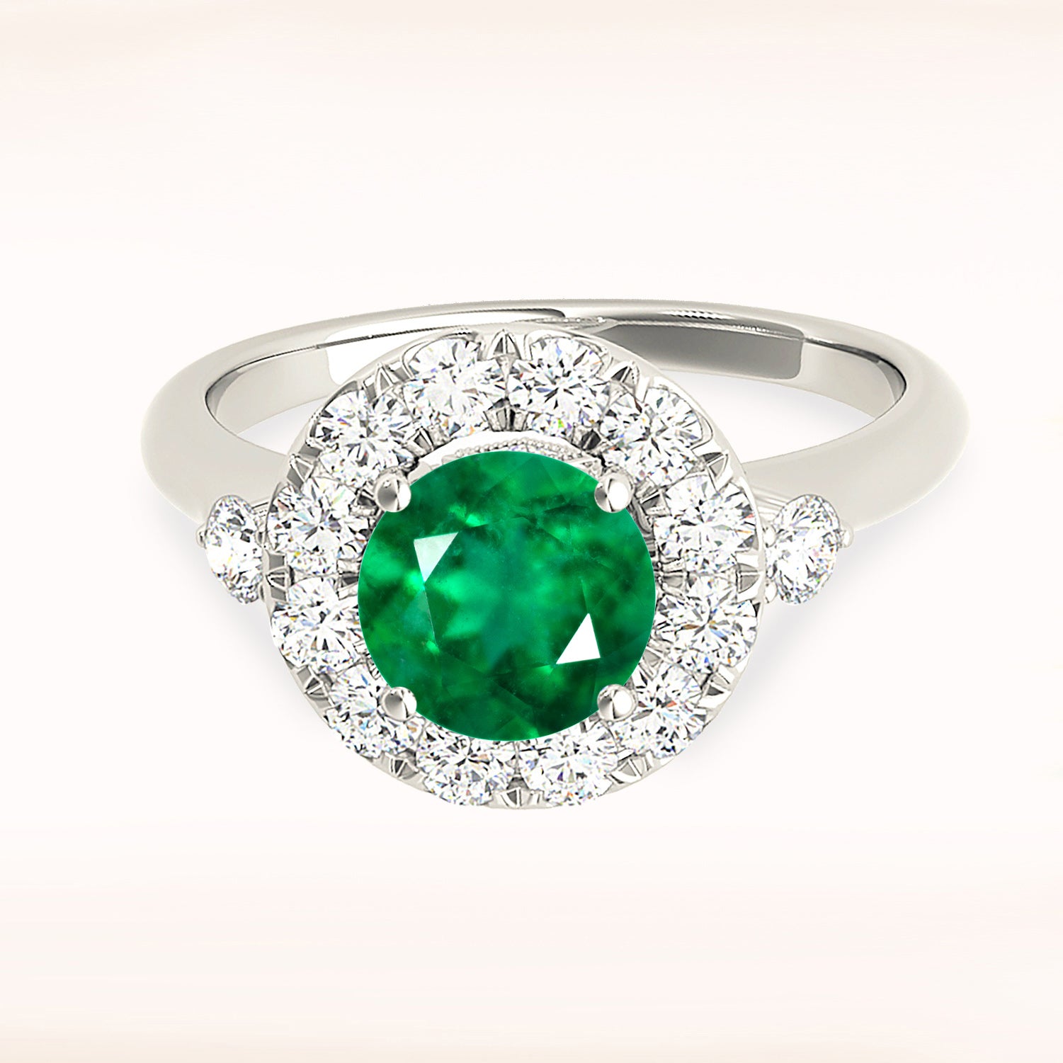 1.14 ct. Genuine Emerald Ring With 0.40 ctw. Diamond Halo and Side Accent Diamonds, Solid Gold Band-VIRABYANI
