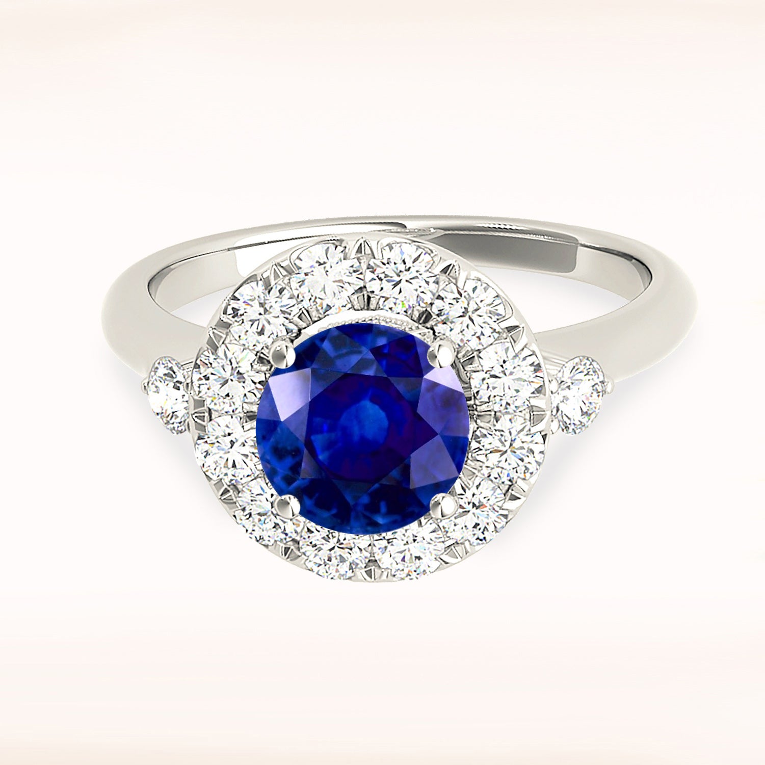 1.35 ct. Genuine Blue Sapphire Ring With 0.40 ctw. Diamond Halo, Two Side Accent Diamonds, Solid Gold Band | Sapphire And Diamond Ring-VIRABYANI